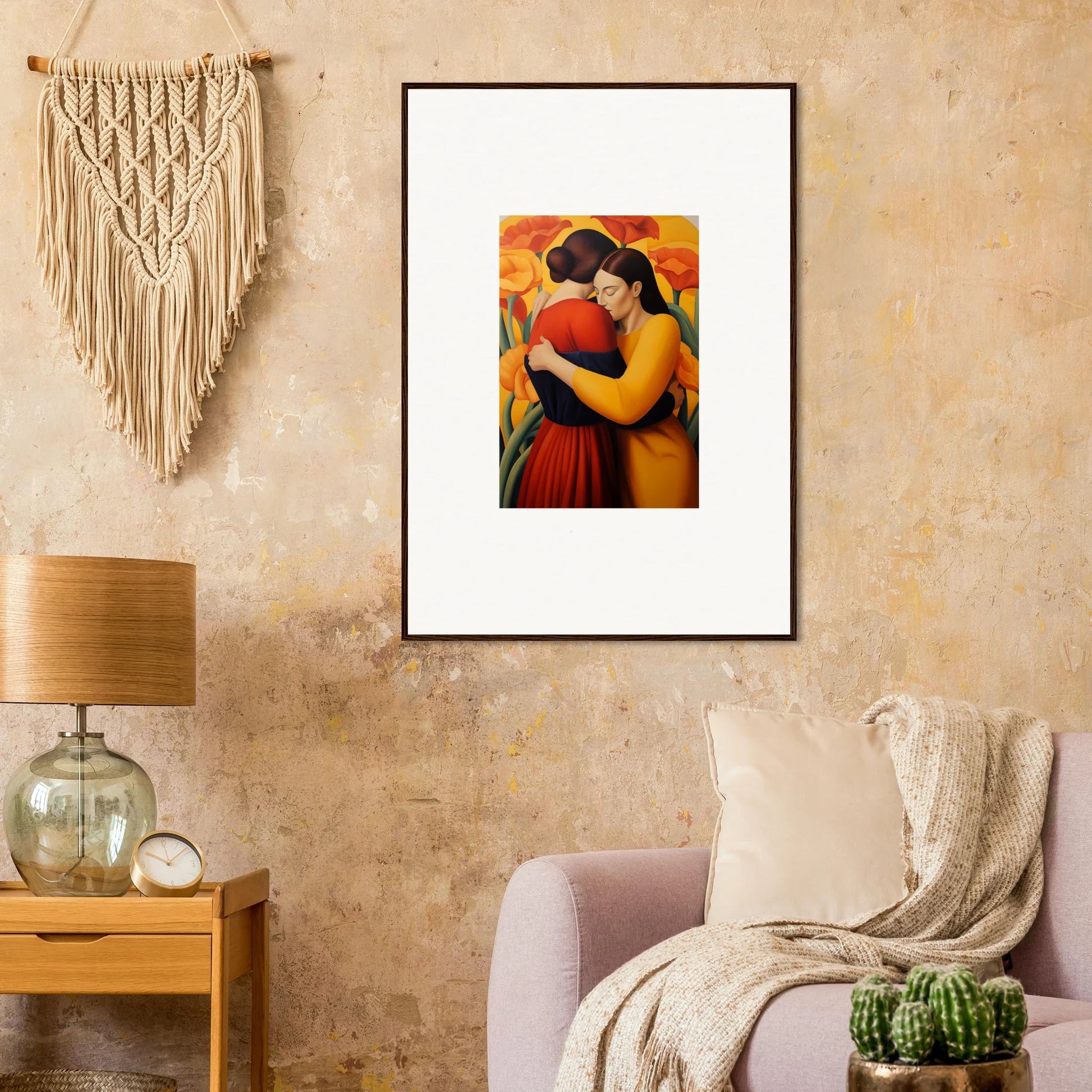 Framed canvas print of two figures embracing with floral fondness for room decoration