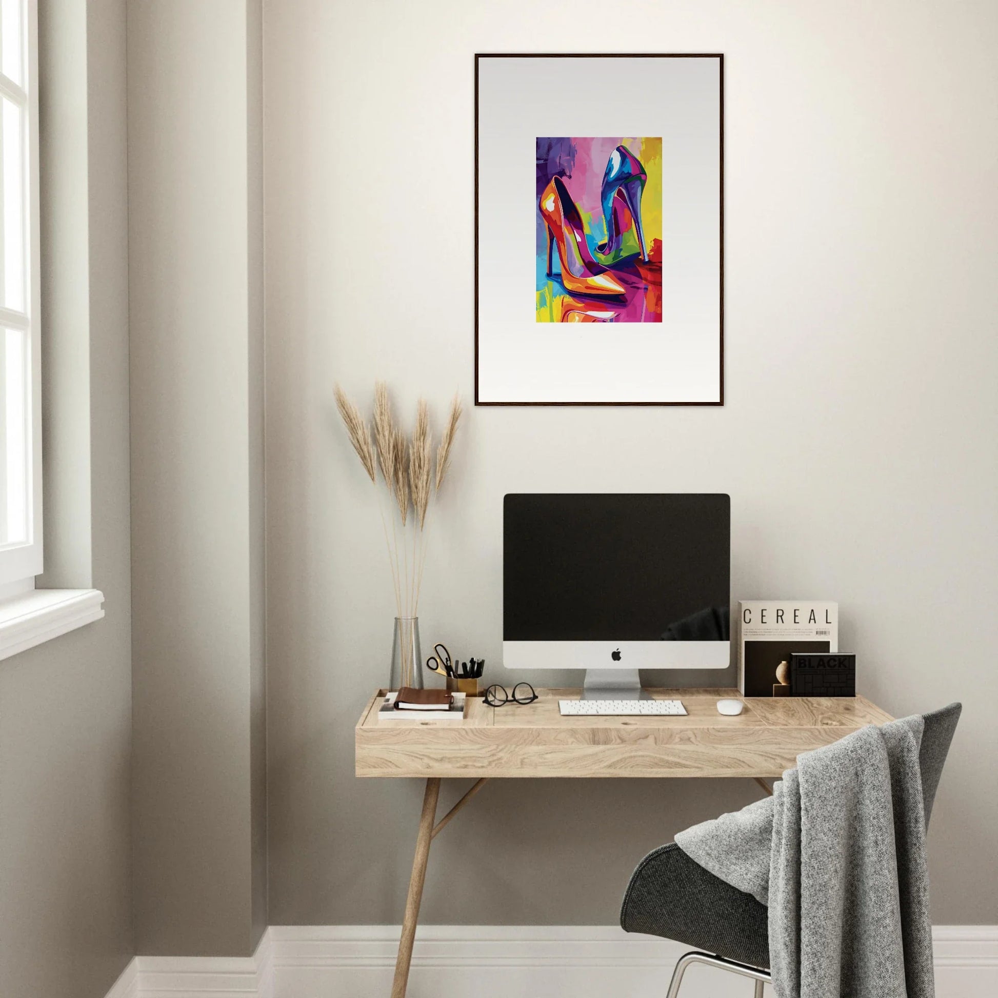 Framed colorful abstract wall art of stylized figures for vibrant room decoration