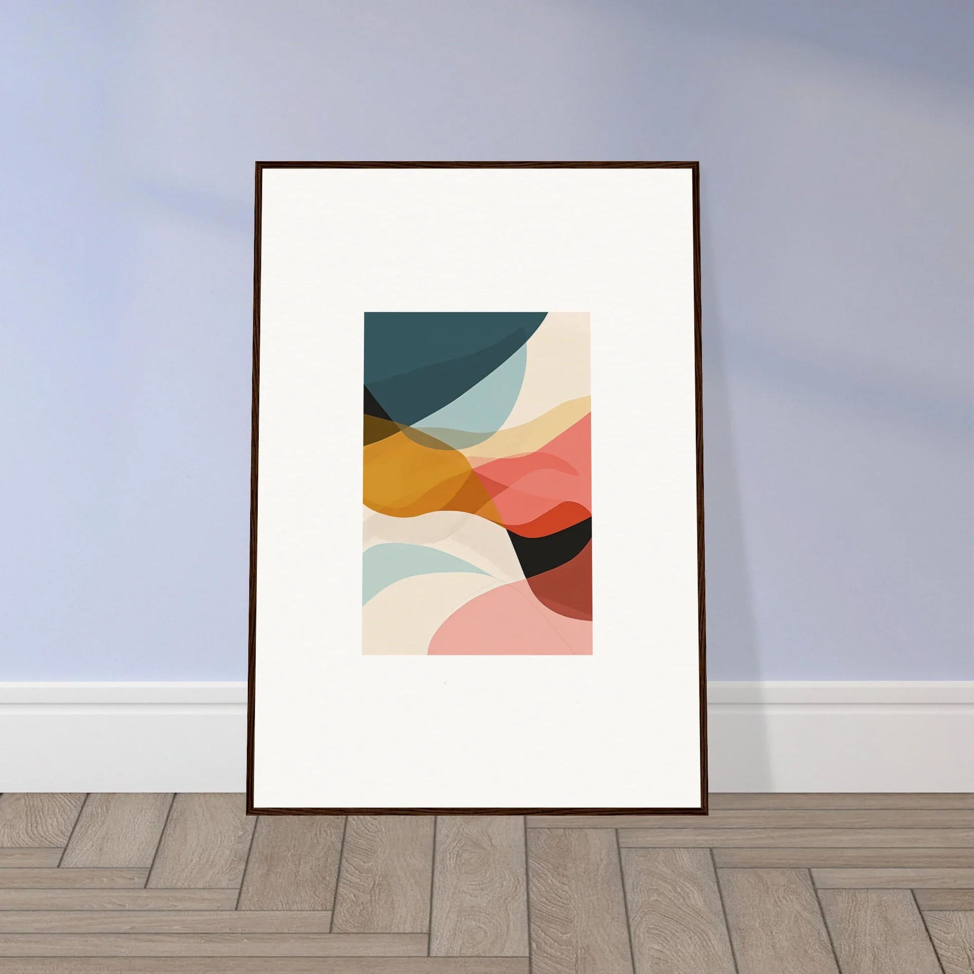 Framed abstract wall art with curved shapes in muted colors for chic room decoration