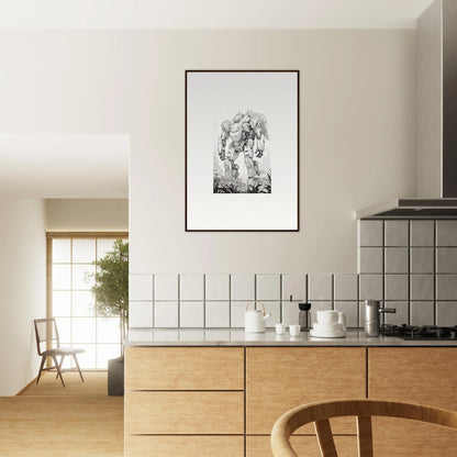 Modern kitchen with wooden cabinets and a Sky Alchemy canvas print for room decoration