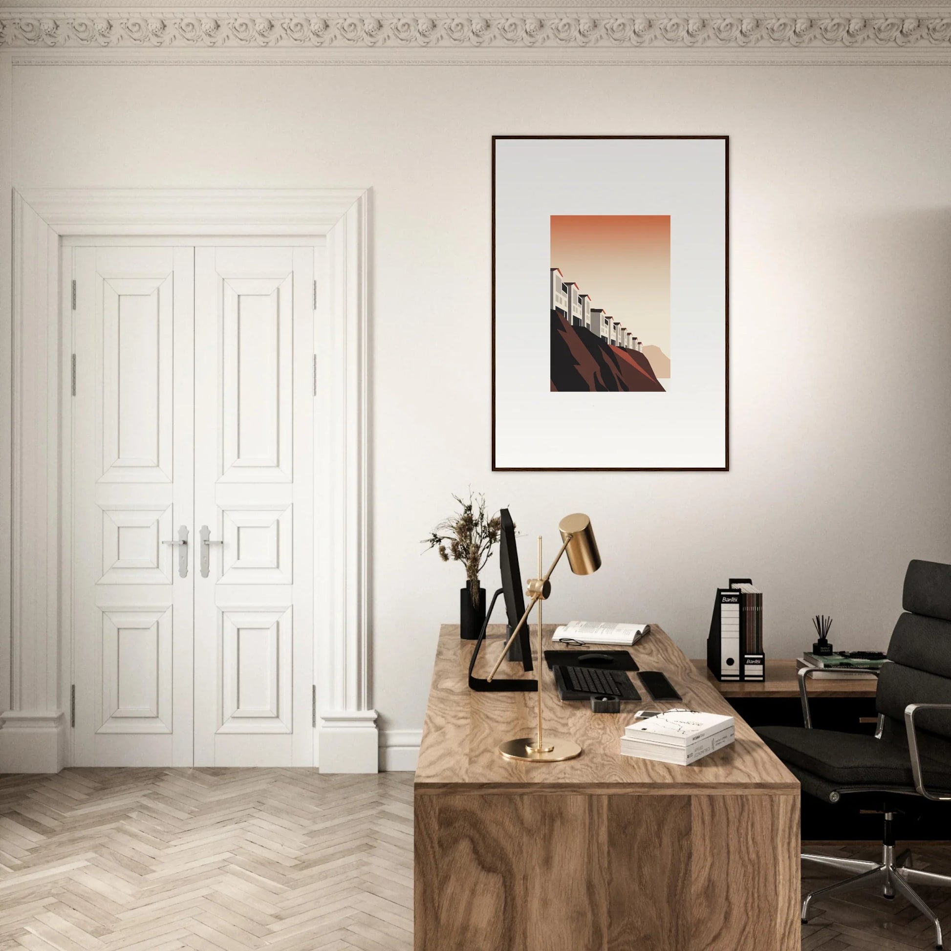 Wooden desk with typewriter and books in a minimalist workspace for room decoration