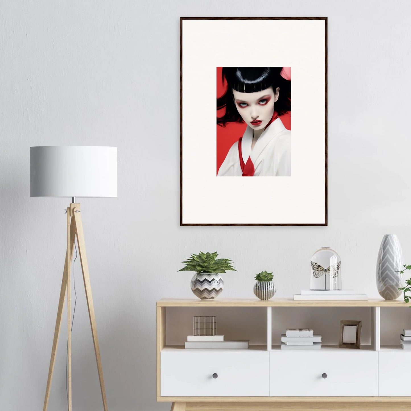 Framed canvas print of a woman with striking makeup for cherry dream room decoration