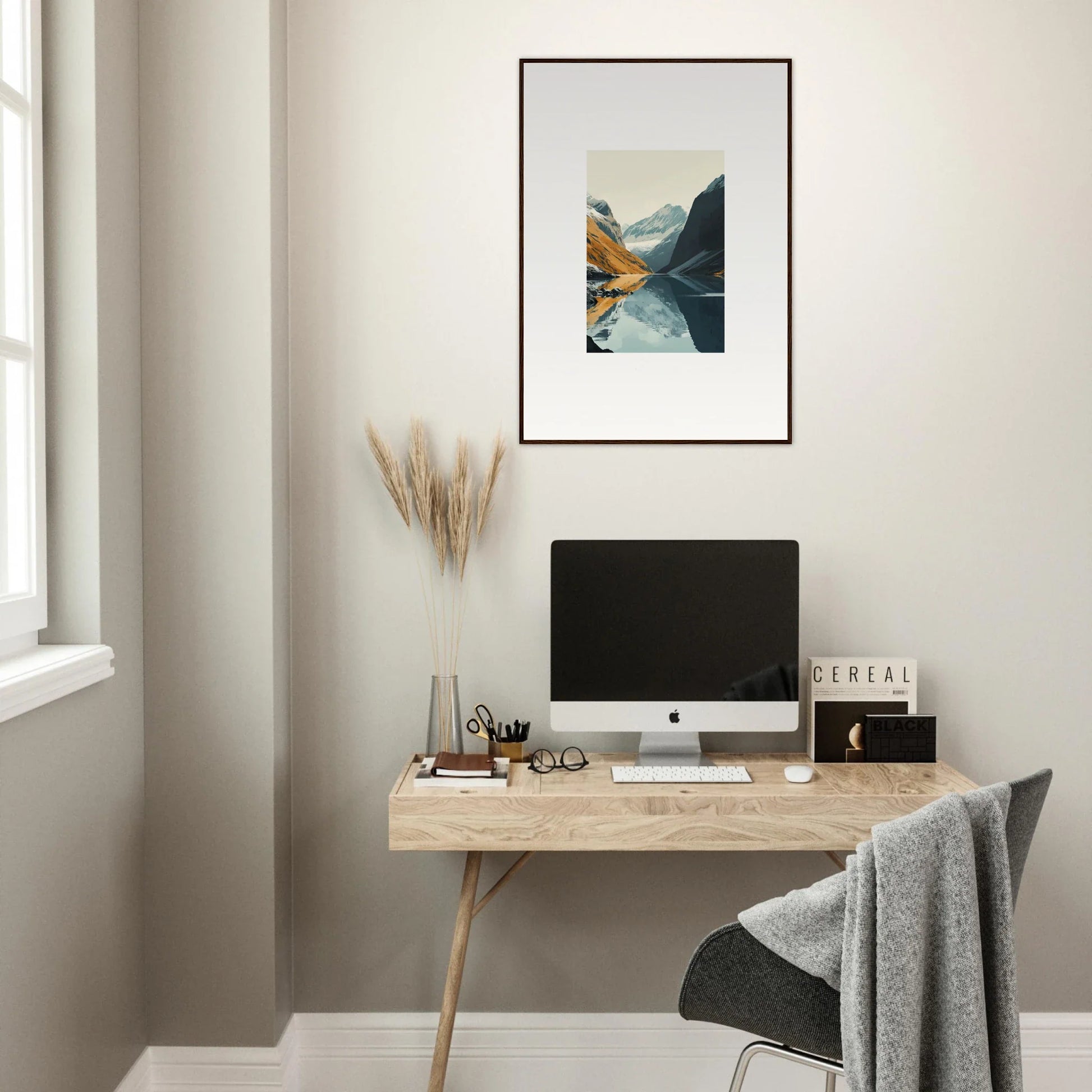 Minimalist wooden desk setup with computer and accessories for Glacier Harmony room decoration