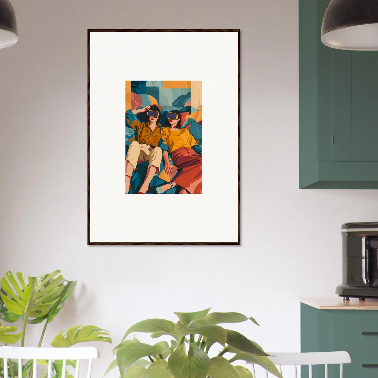 Framed canvas print of Cosmic Lovers Reve in vivid colors for stylish room decoration