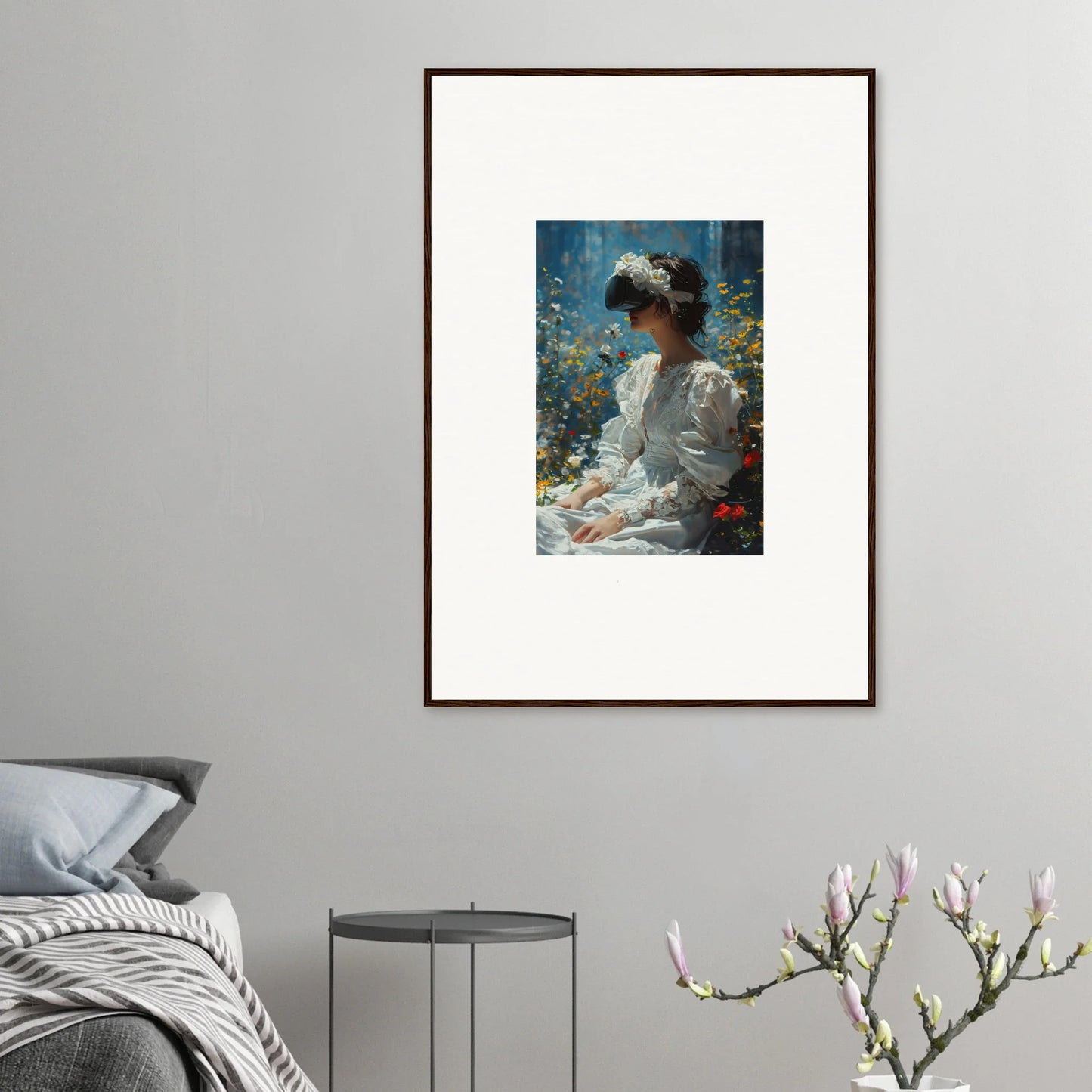 Framed canvas print of a woman in white, perfect for bloom reverie room decoration