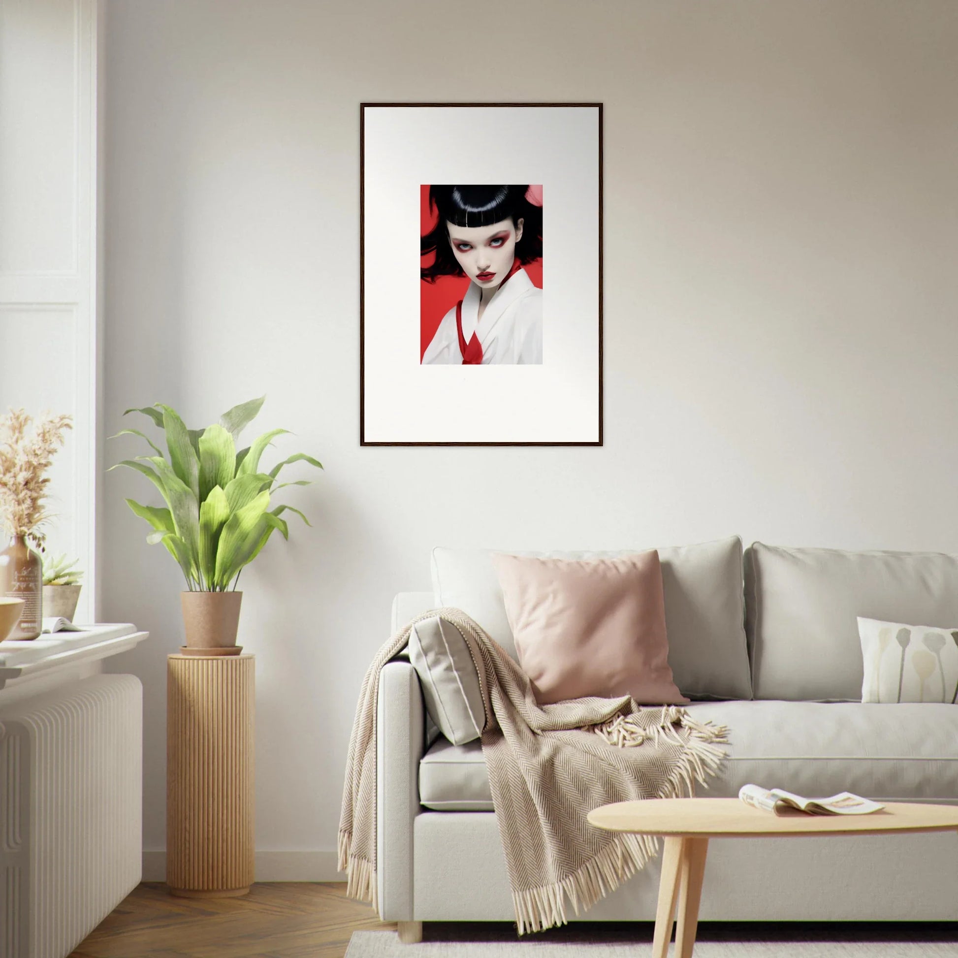 Framed graphic art portrait of a woman in dark cherry dream for stylish room decoration