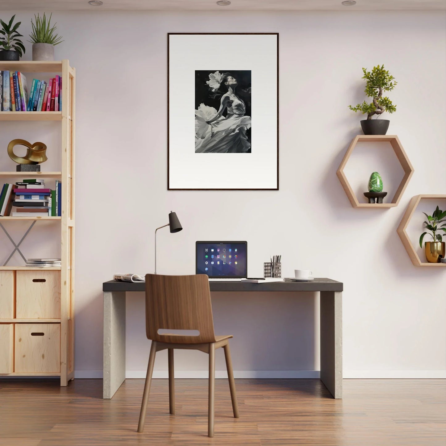 Home office workspace with desk, chair, and visionary reverie canvas print decor