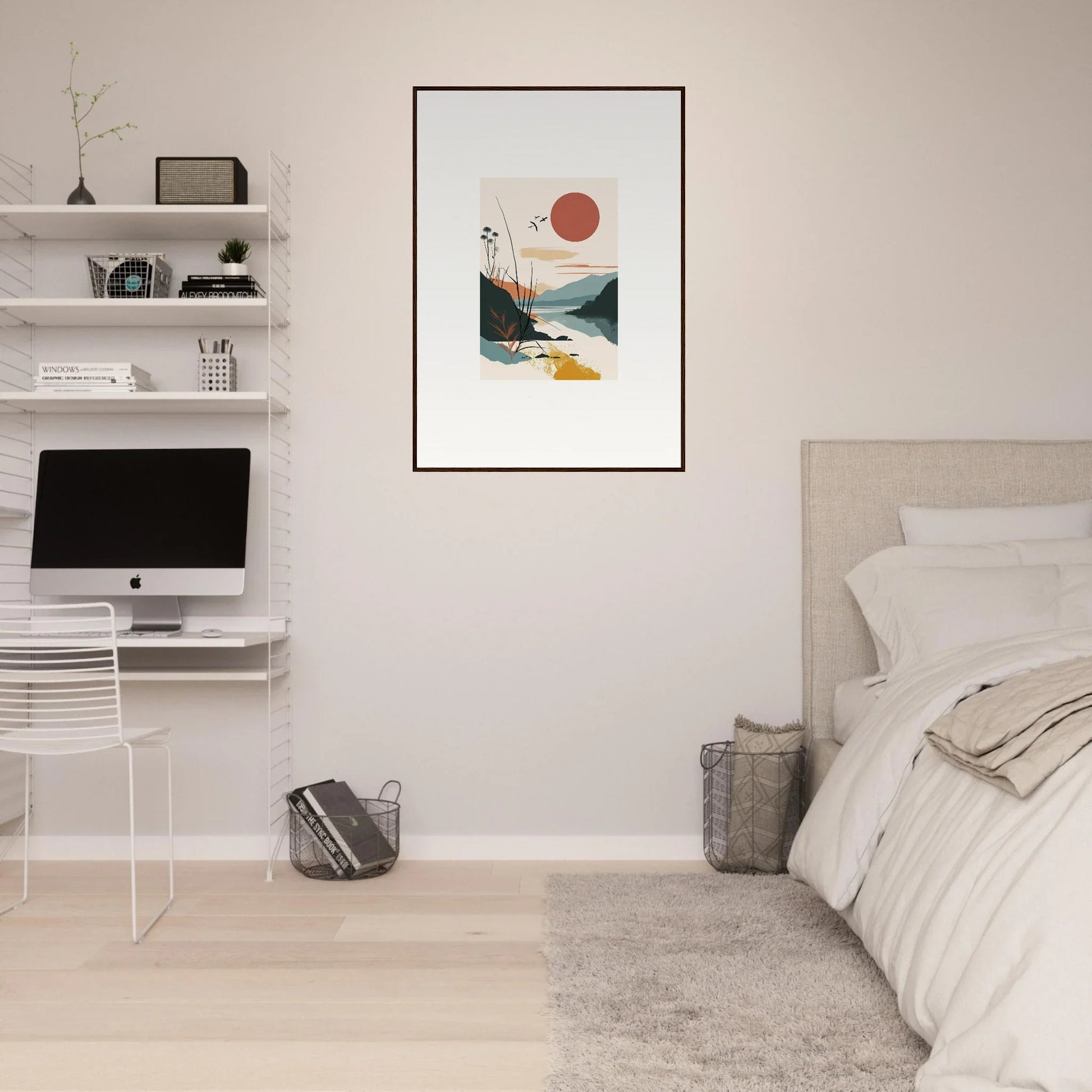 Minimalist bedroom featuring a canvas print of Sunrise Unfurled as a focal point