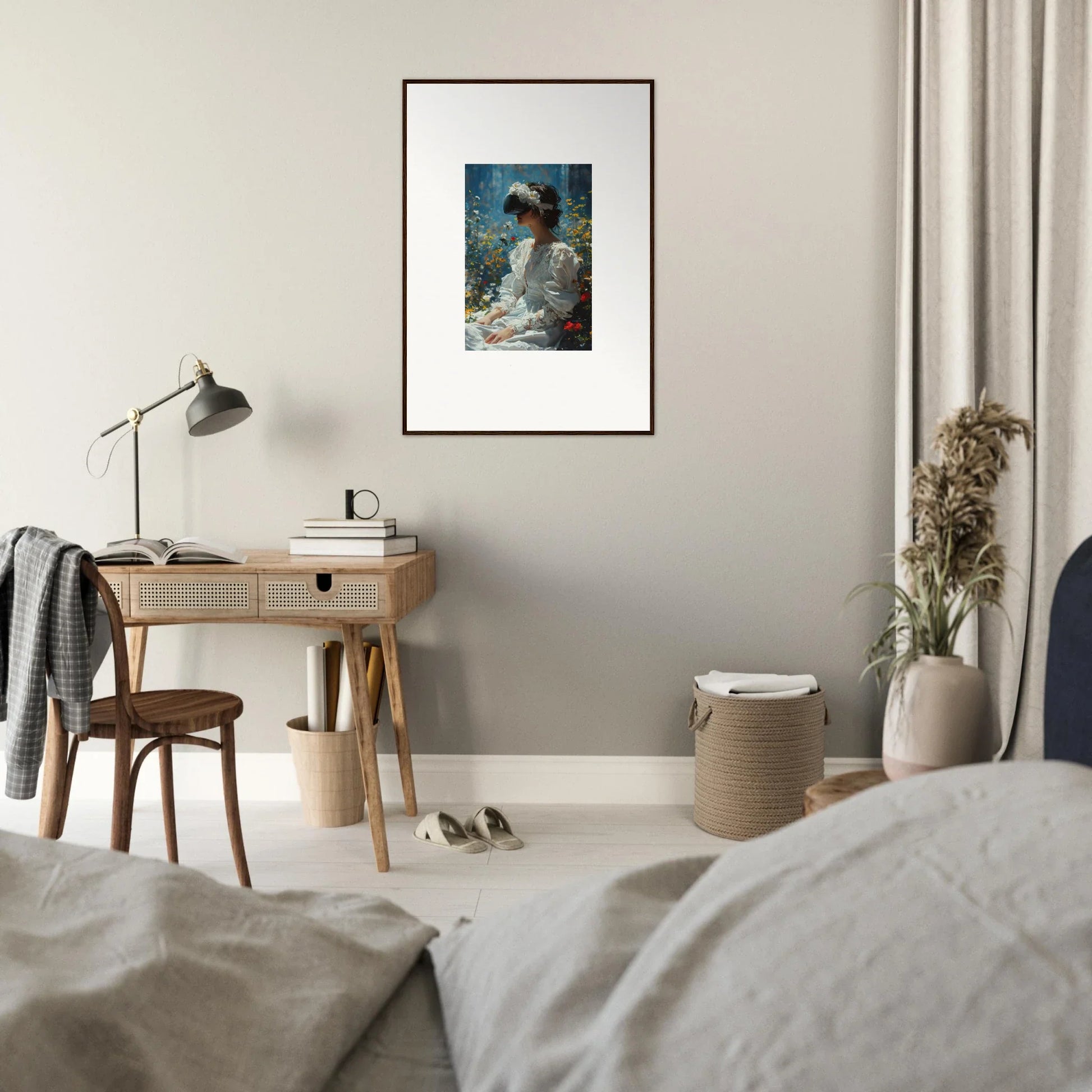 Framed portrait canvas print of a person in light outfit for bloom reverie room decoration