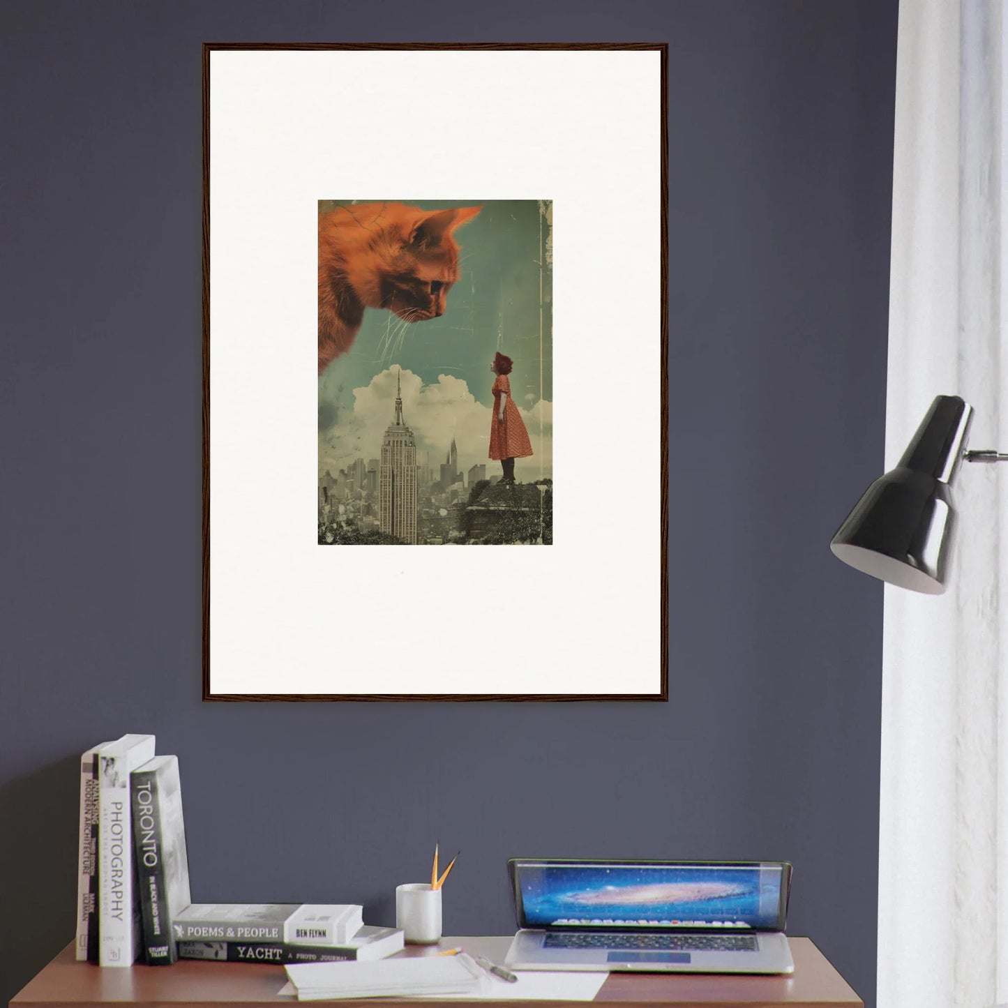 Framed wall art of Giants Gaze featuring a giant cat over a city skyline