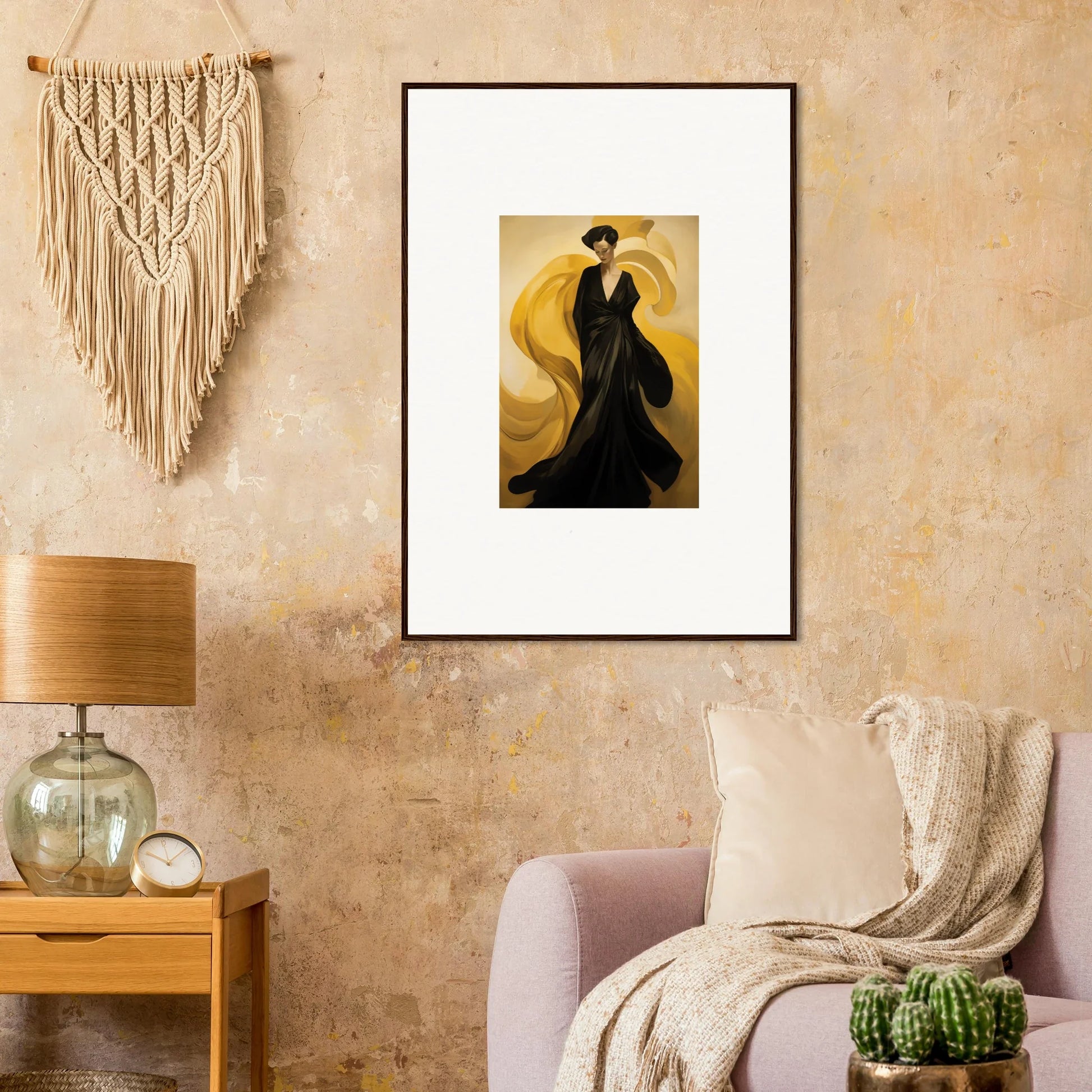 Framed canvas print of a woman in a black dress with sun waves for stylish room decoration