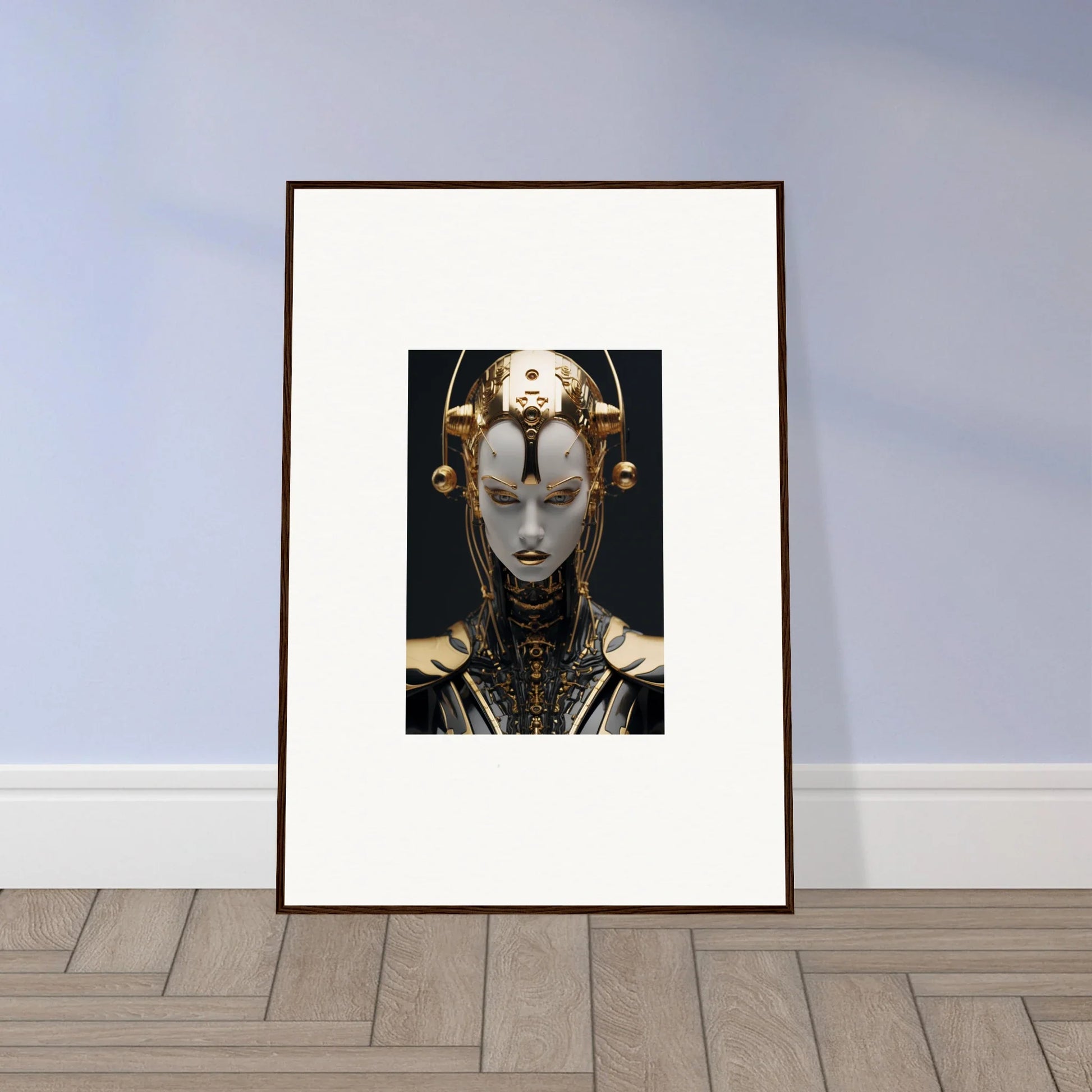 Futuristic robotic face artwork with golden elements for cool room decoration