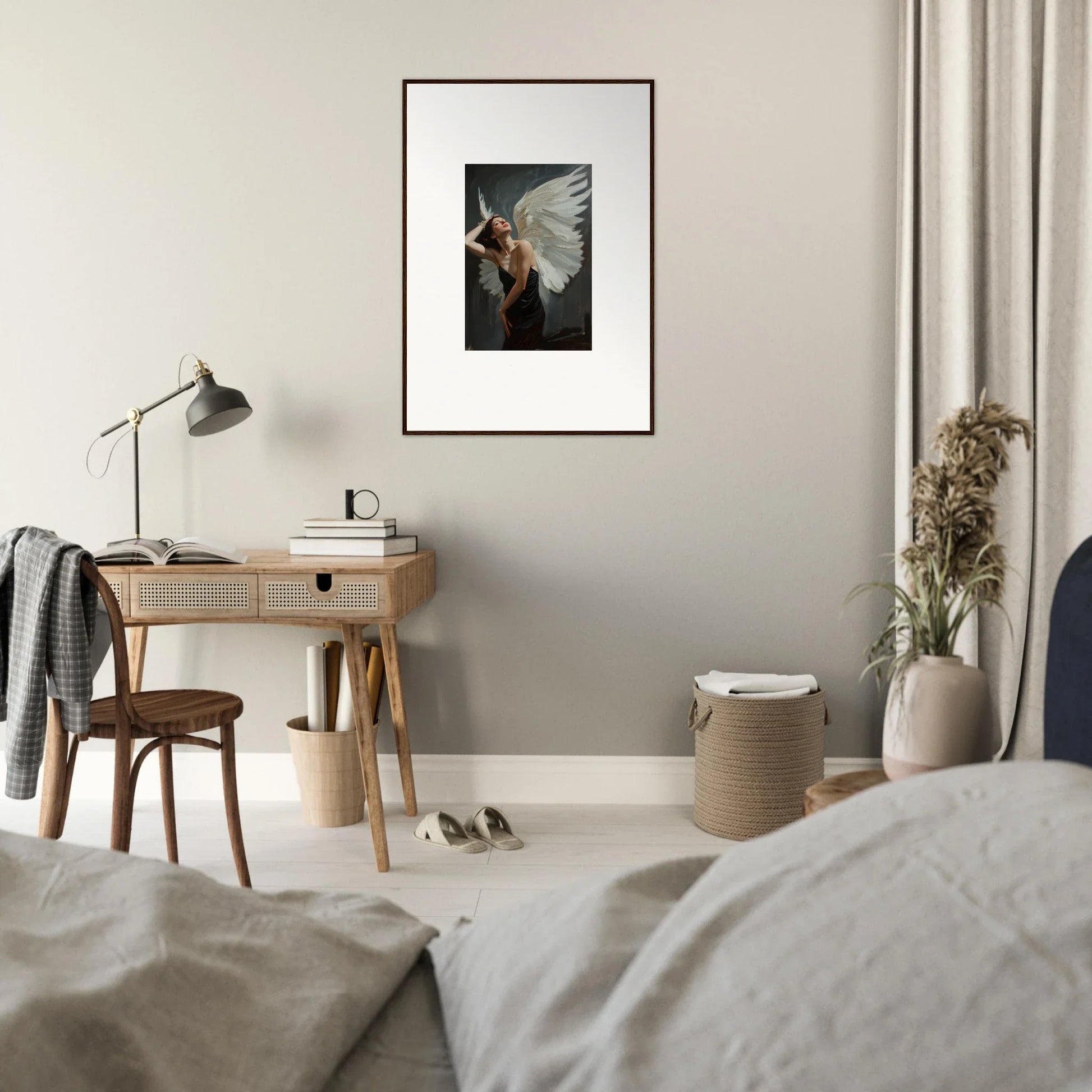 Ethereal Femme Ascent canvas print featuring a winged figure, perfect for room decoration