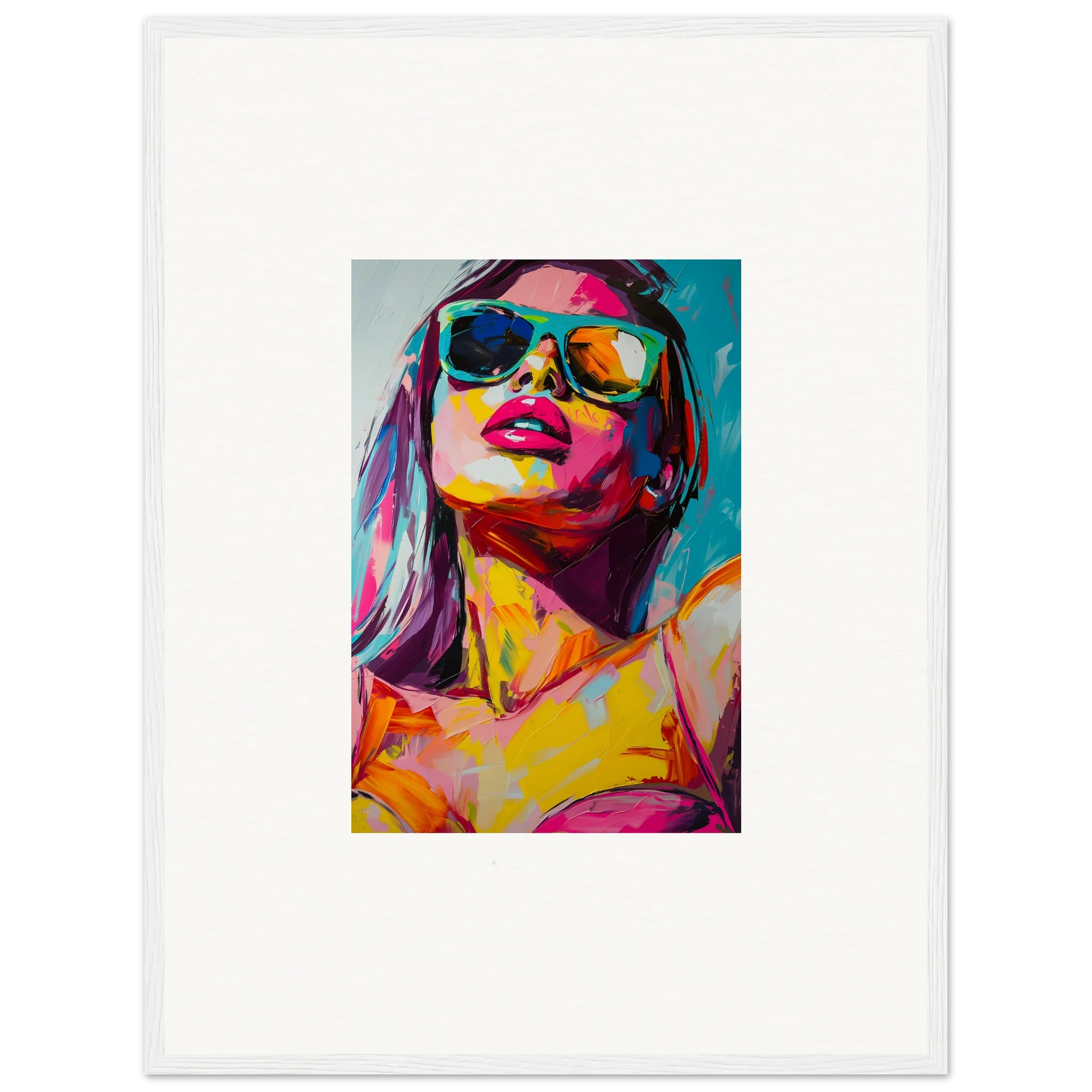 Colorful canvas print of a person in sunglasses, perfect for vibrant room decoration