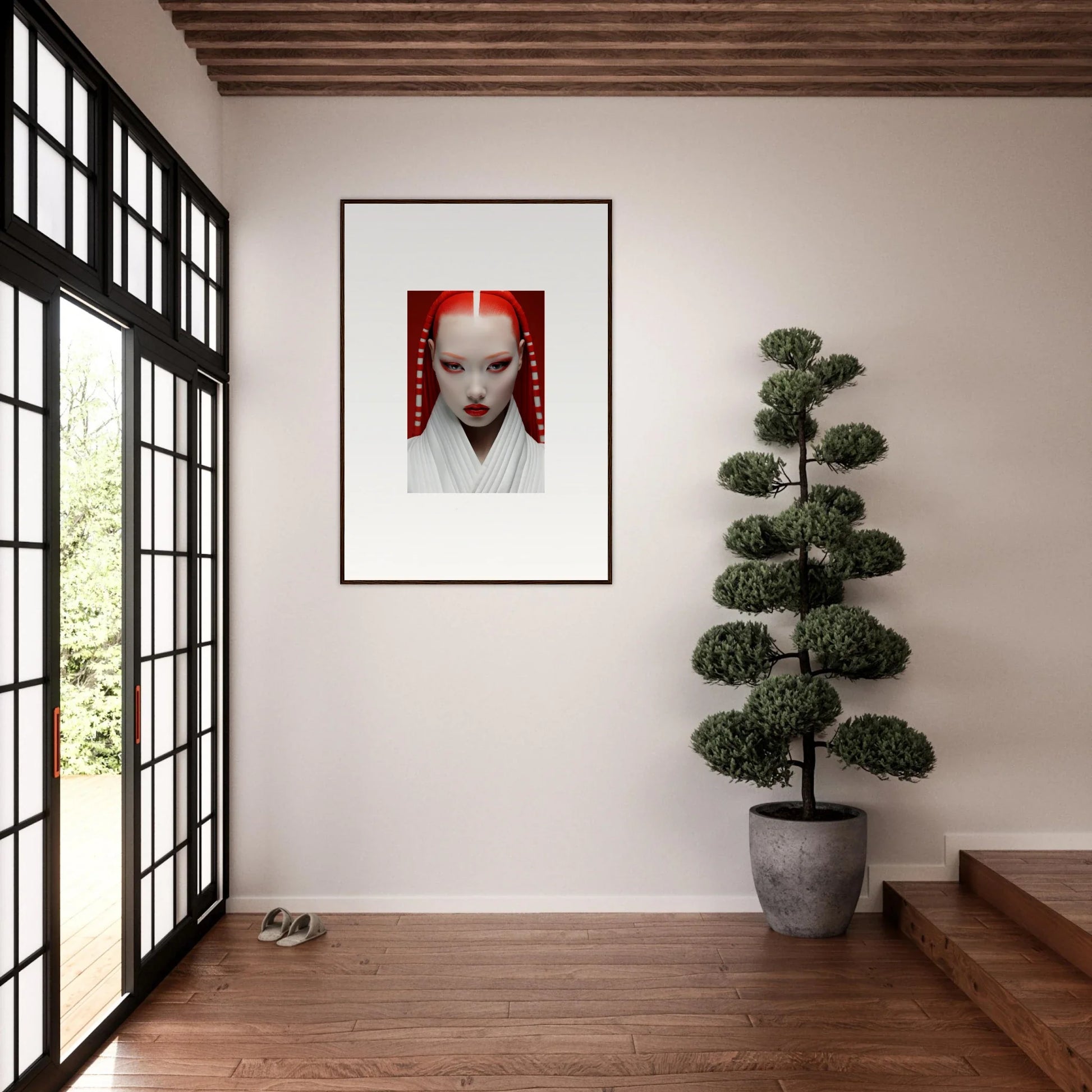 Framed portrait of a pale figure on red background from Pome Artcard Whisper