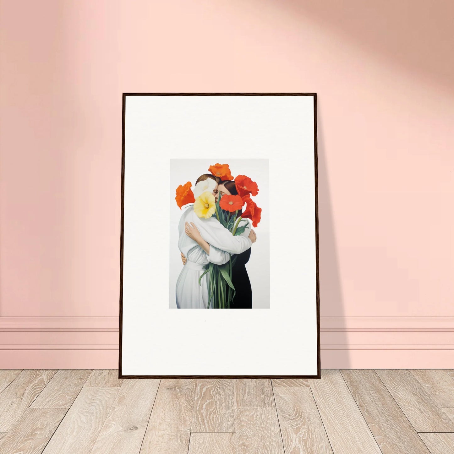 Framed canvas print of a figure with red flowers showcasing Vortex Embrace for room decoration