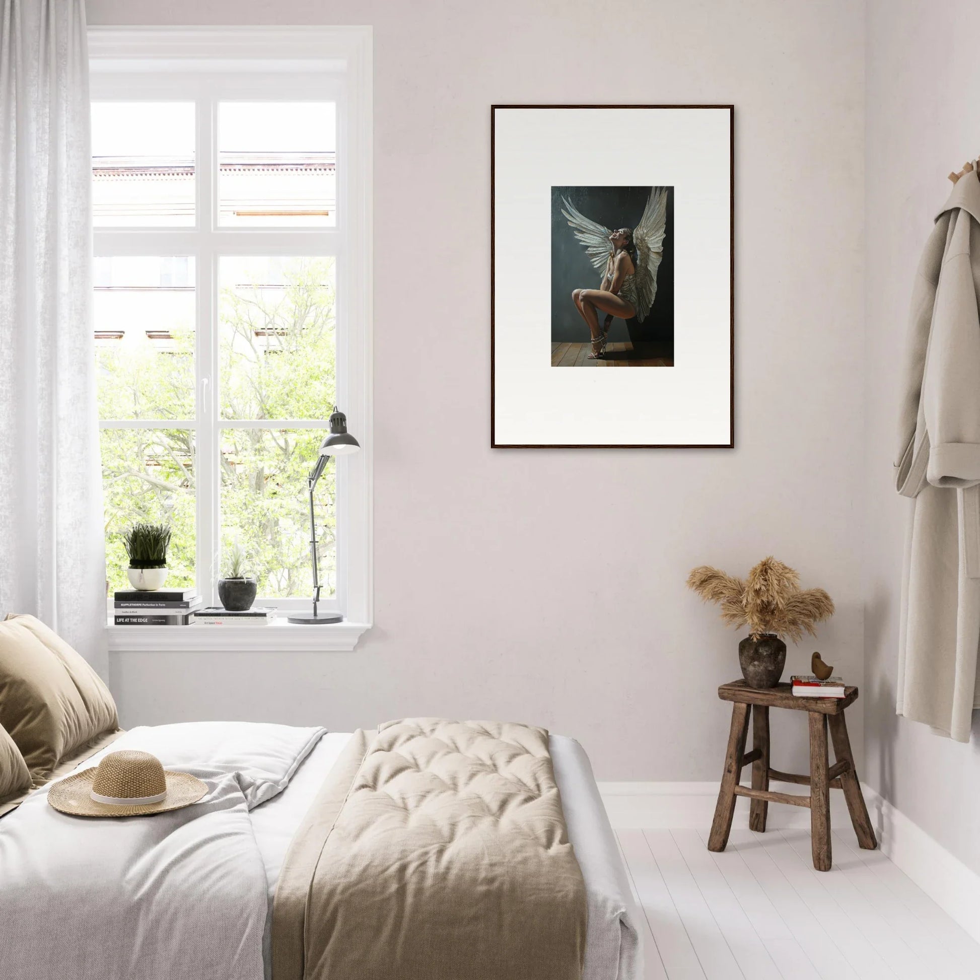 Cozy bedroom with neutral decor showcasing Heavenly Weakened Psalms artwork