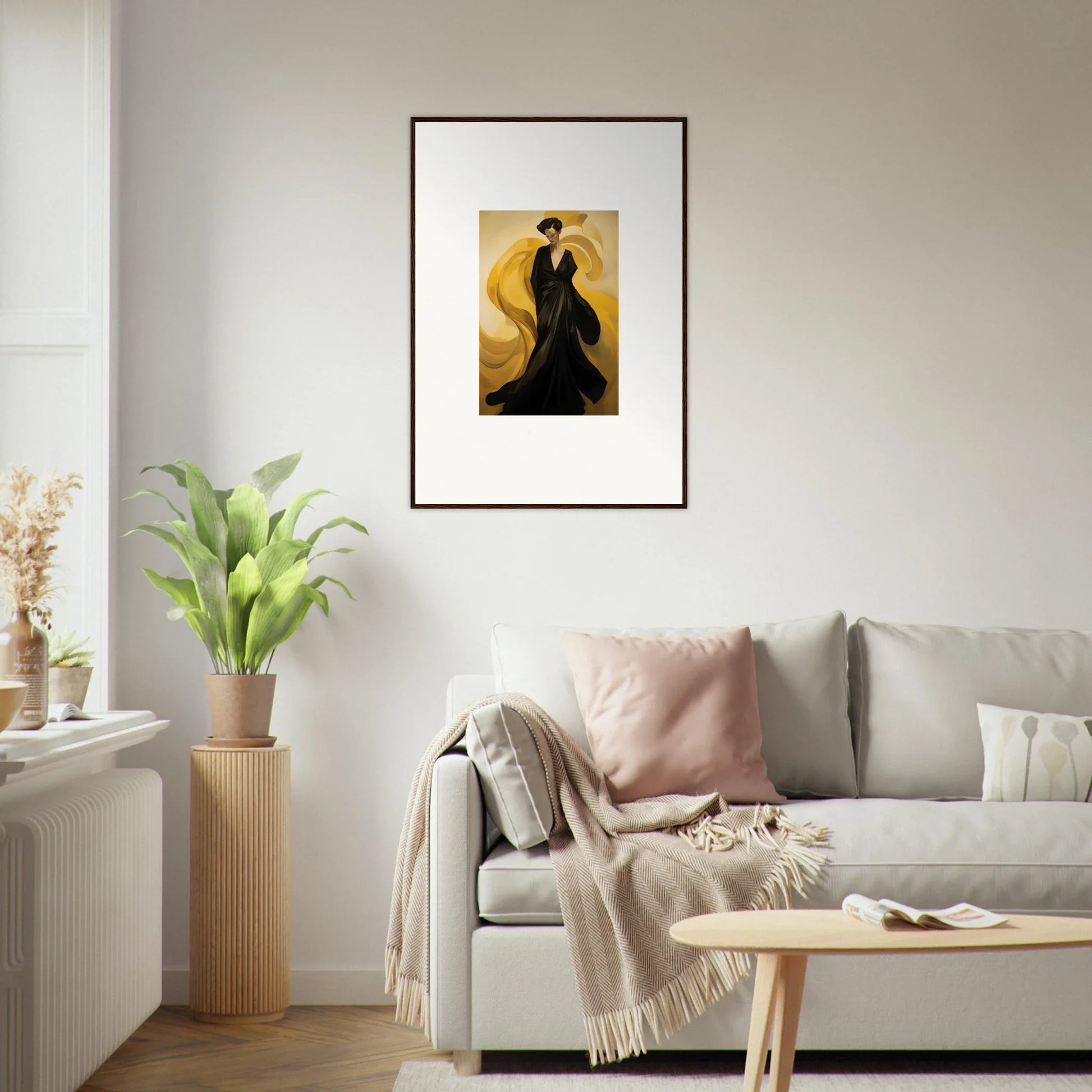 Framed canvas print of silhouetted figures embracing with sun waves in the background