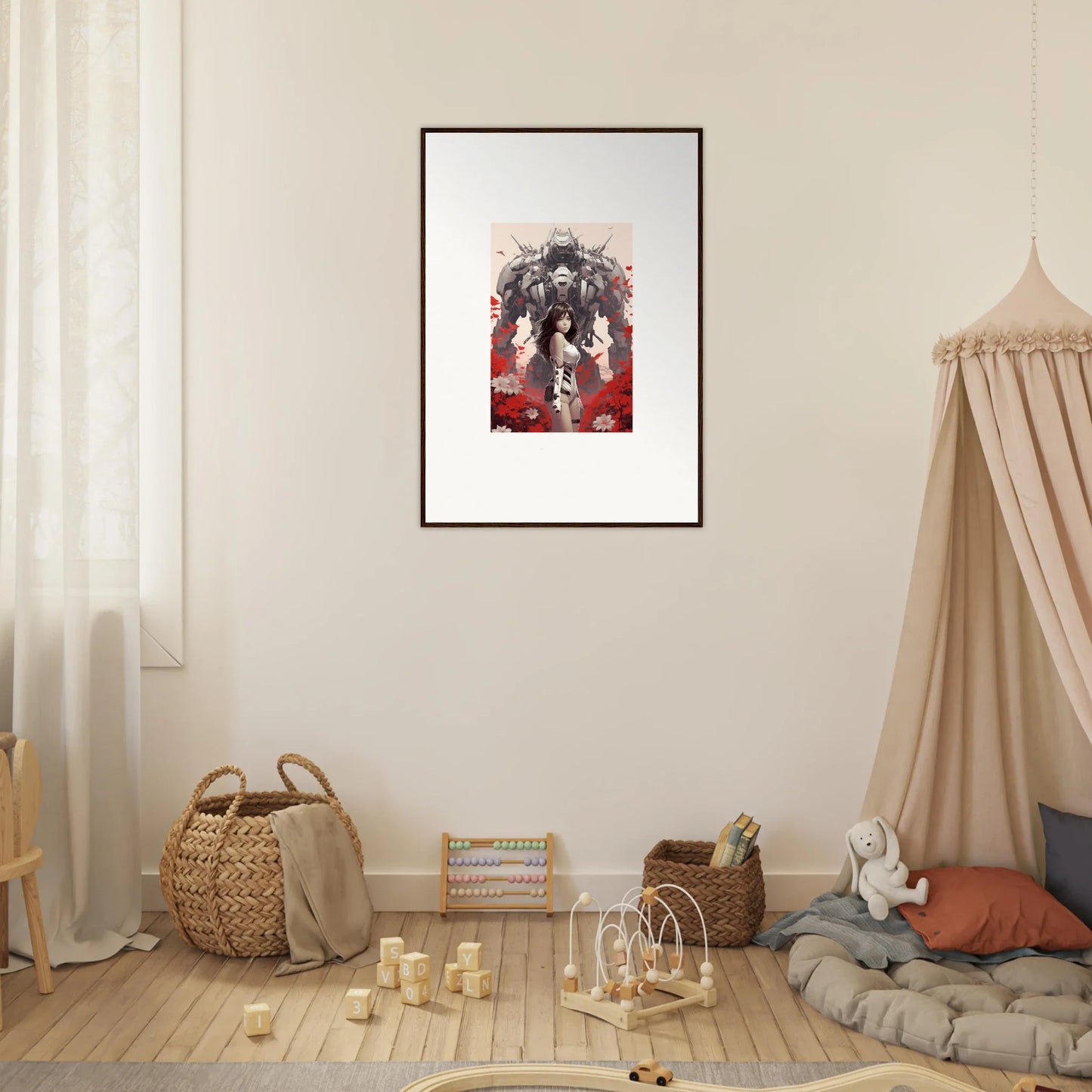 Framed canvas print of a red and white figure for stylish room decoration with Poppy Lucidity