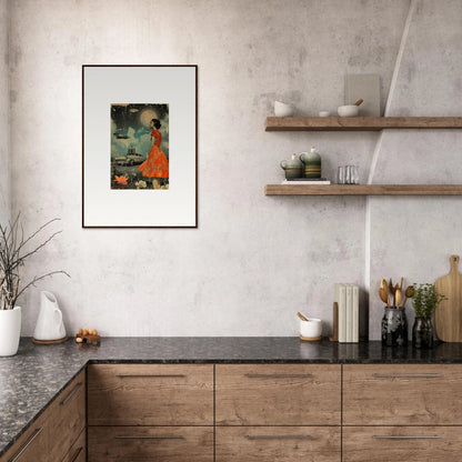 Modern kitchen with wooden cabinets and Retro Bloom canvas print for stylish room decoration