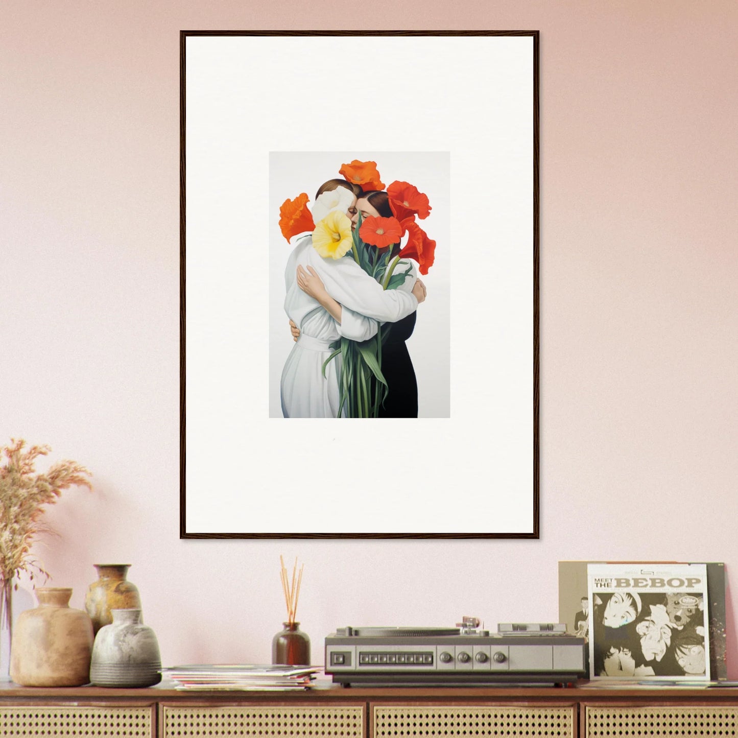 Framed canvas print of a figure embracing vibrant red flowers for stylish room decoration