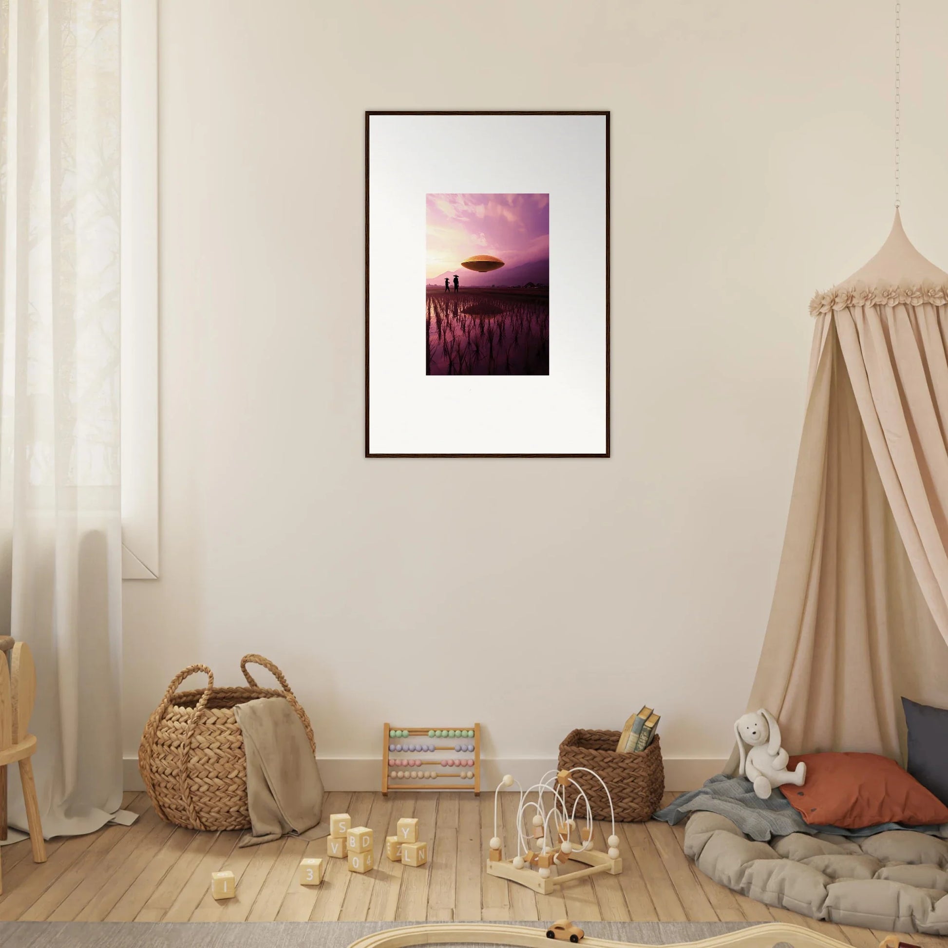 Framed canvas print of Violet Dreaming sunset landscape with UFO for cool room decoration