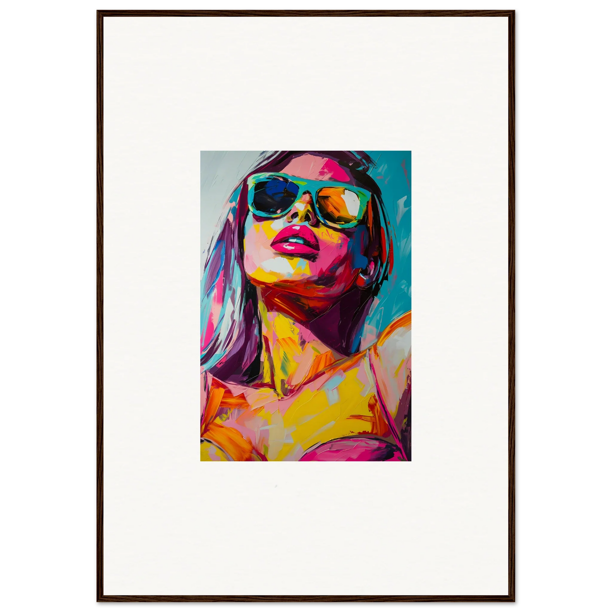 Colorful pop art portrait of a woman in sunglasses for a vibrant room decoration canvas print