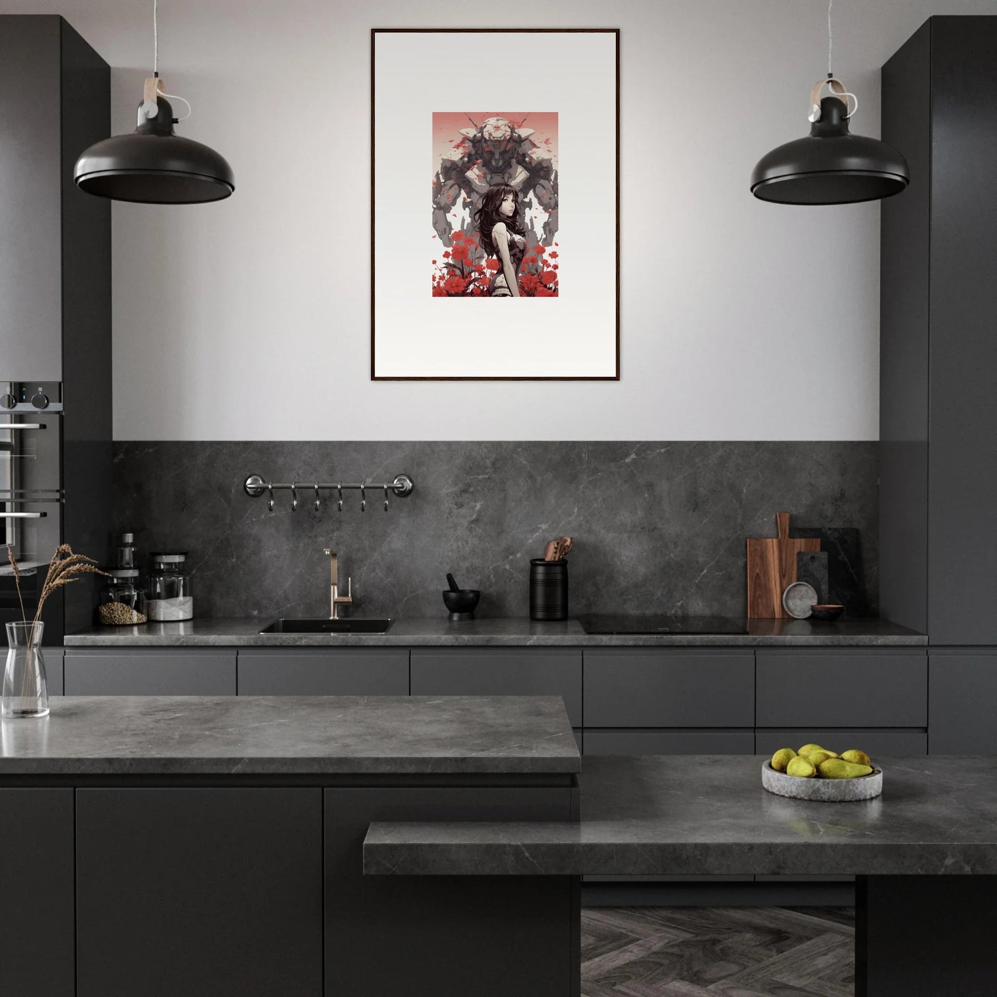 Modern dark kitchen showcasing stylish wall art with a framed canvas print