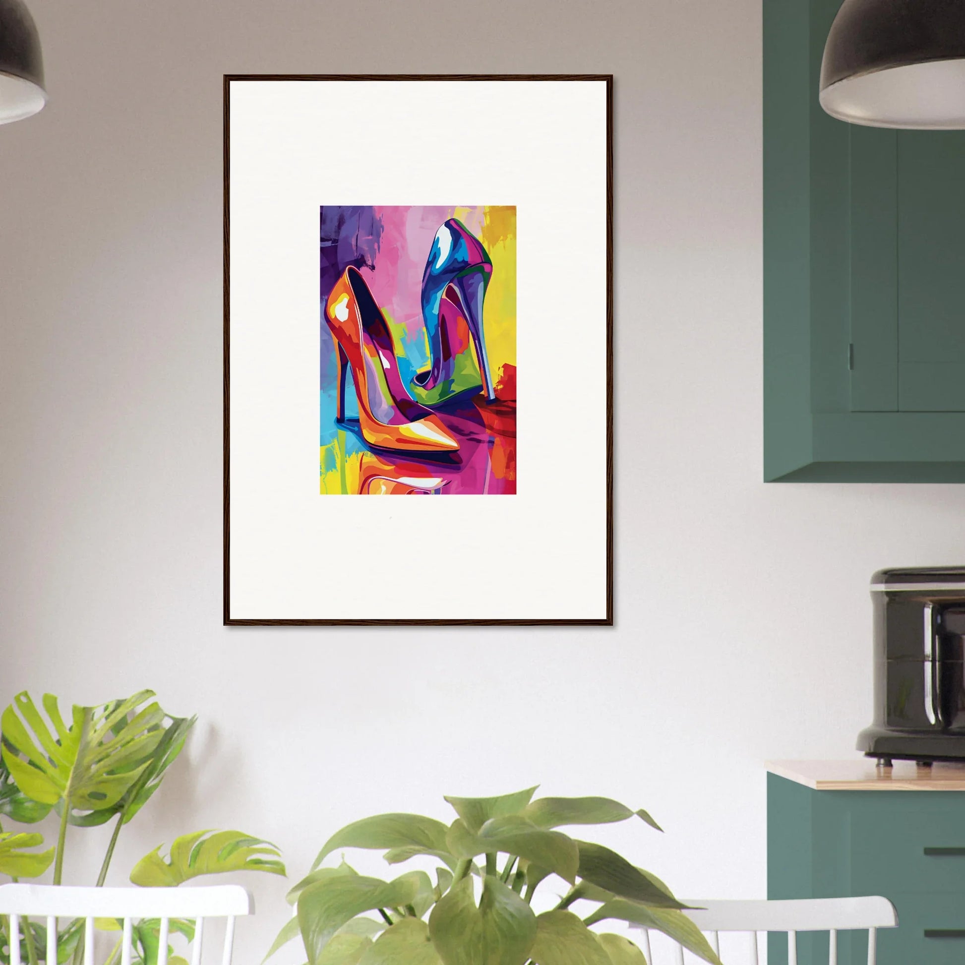 Colorful abstract canvas print of high-heeled shoes for trendy room decoration