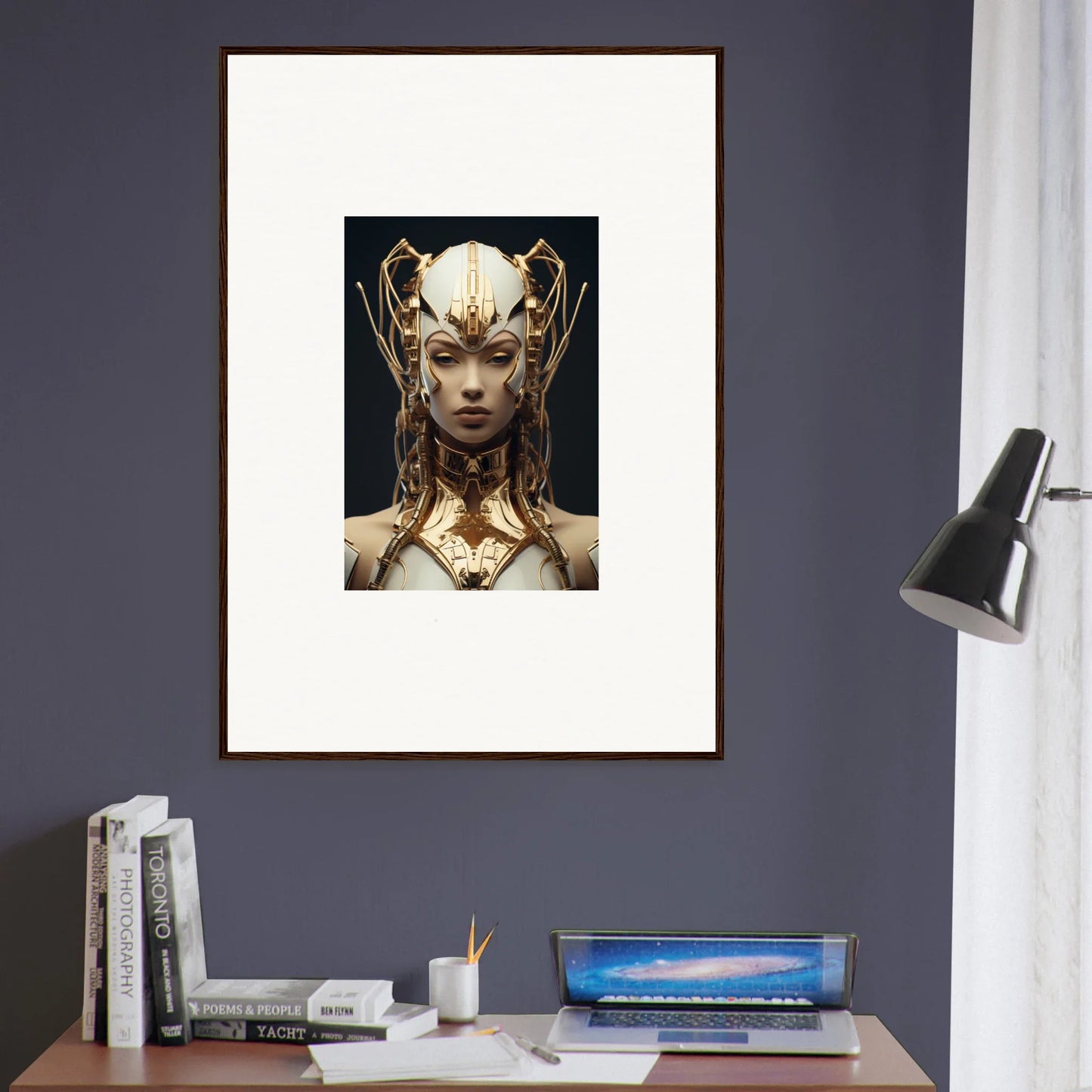 Framed canvas print of Future Echoes Muse with a stunning golden headdress for room decoration