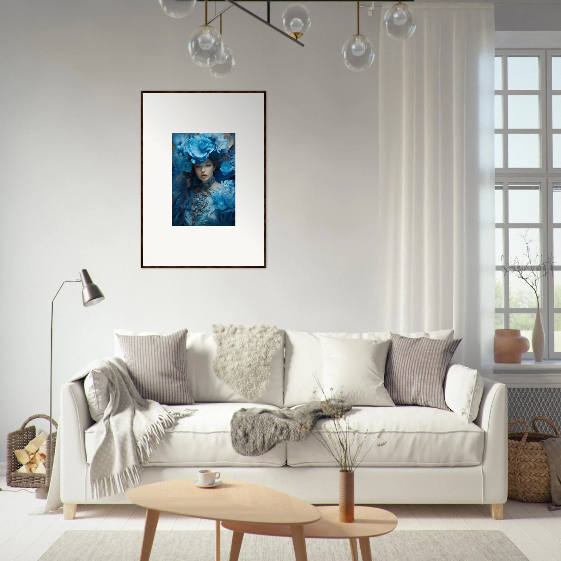 Cozy white sofa with blue symphony throw pillows, perfect for chic room decoration