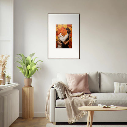 Framed canvas print of a fox’s face with autumn leaves for room decoration euphoria embrace