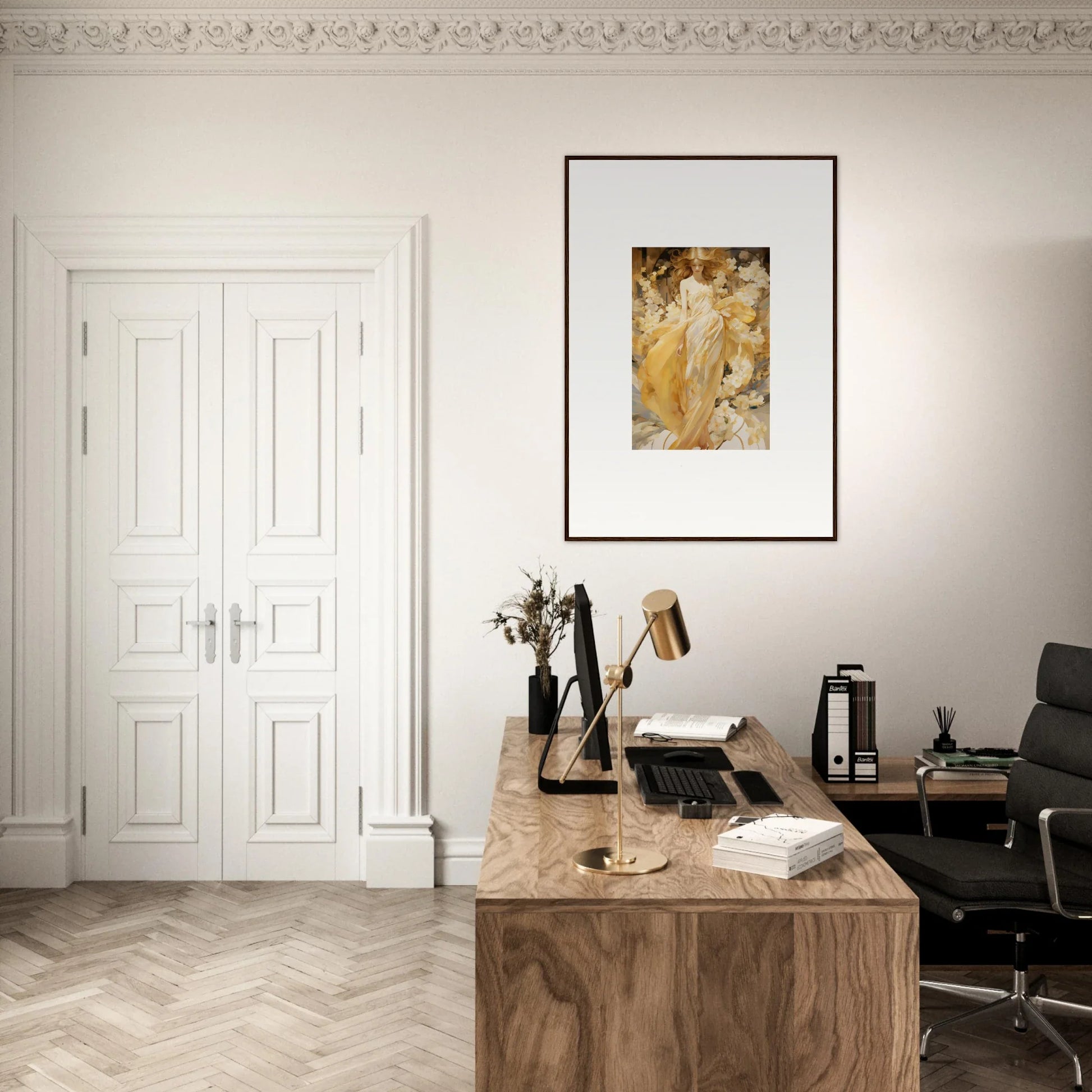 Elegant home office with a wooden desk and Petal Serenade canvas print for room decoration