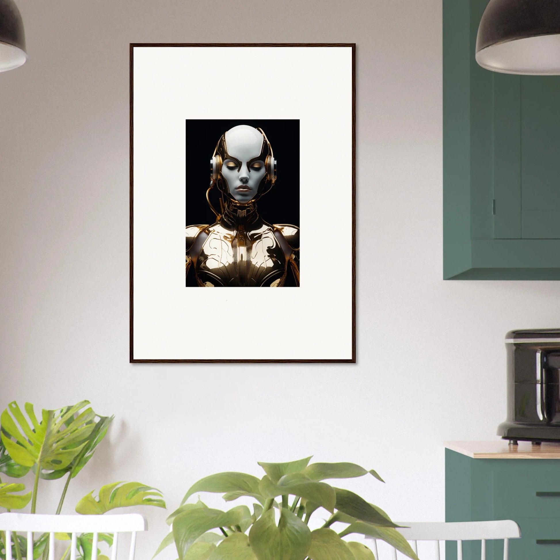 Framed canvas print of a robotic figure, perfect for electrical elegance room decoration