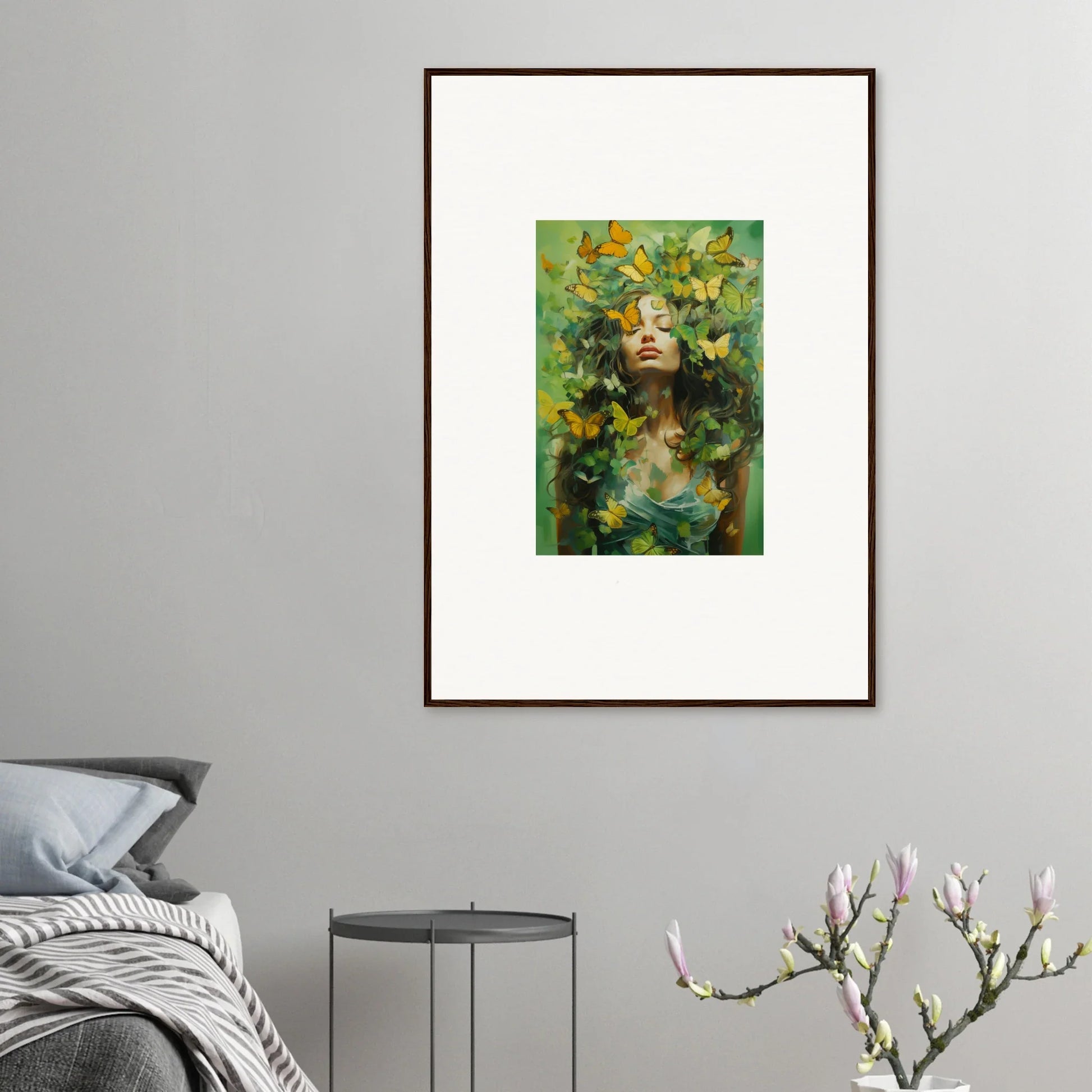 Framed canvas print of a portrait with nature elements for vibrant room decoration