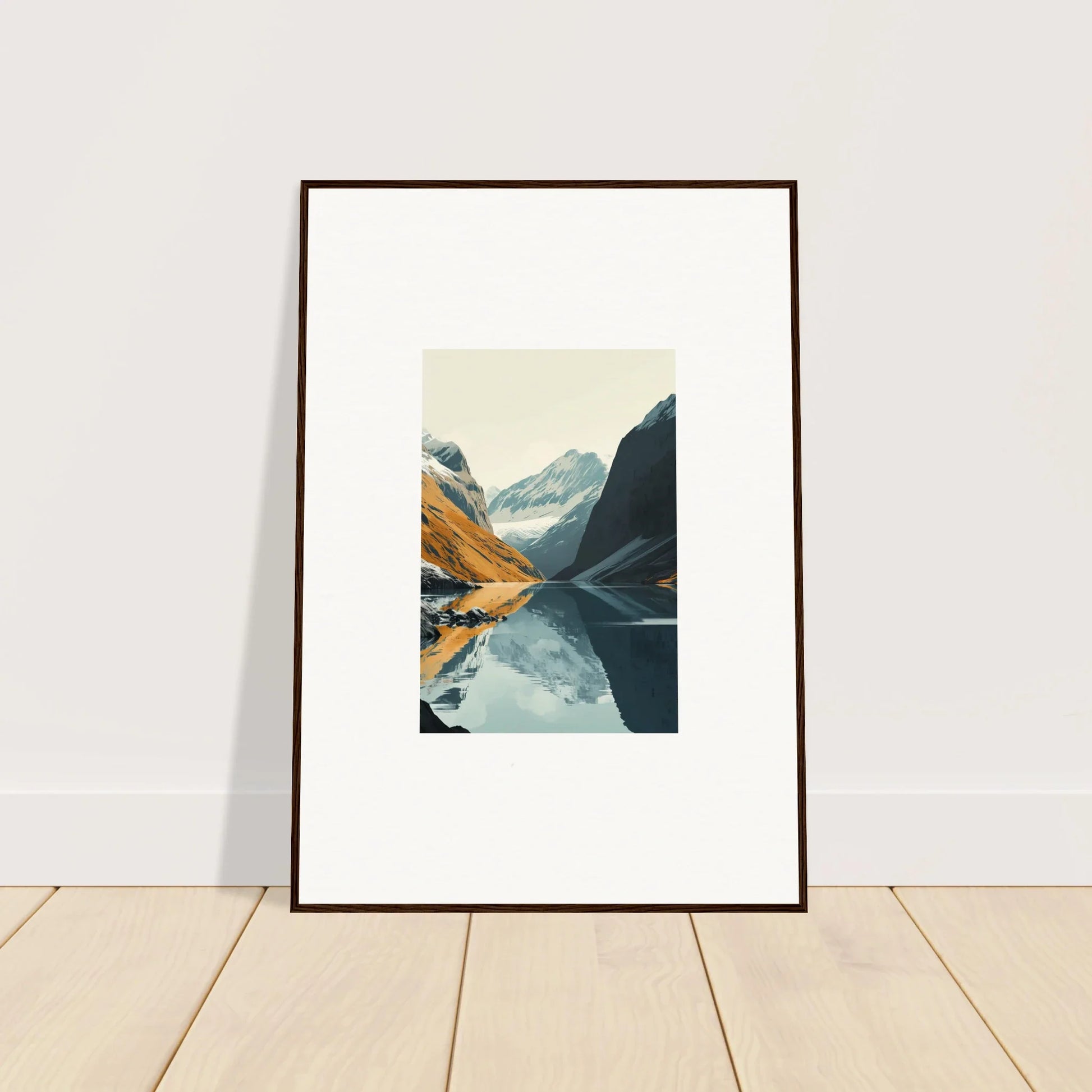 Framed canvas print of a mountain lake reflecting glacier harmony for stylish room decoration