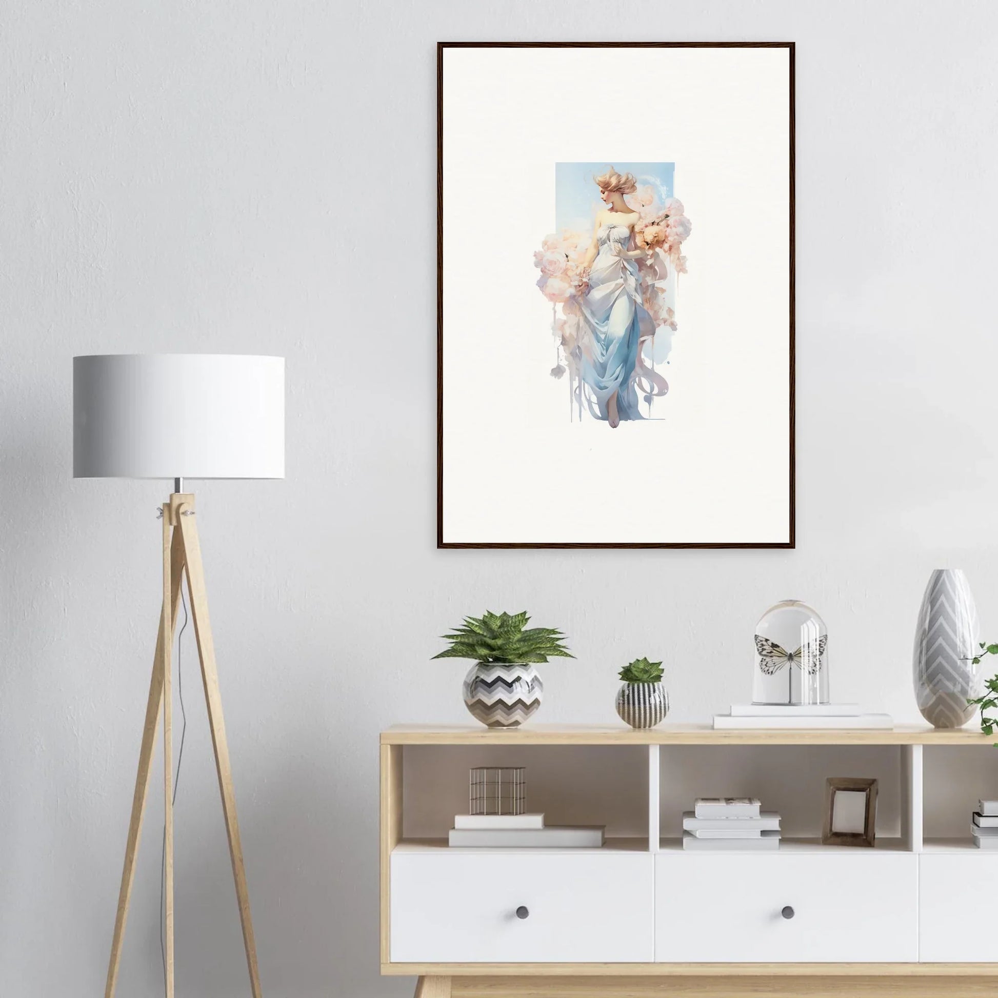 Framed watercolor painting of a figure with flowers for a charming room decoration canvas print