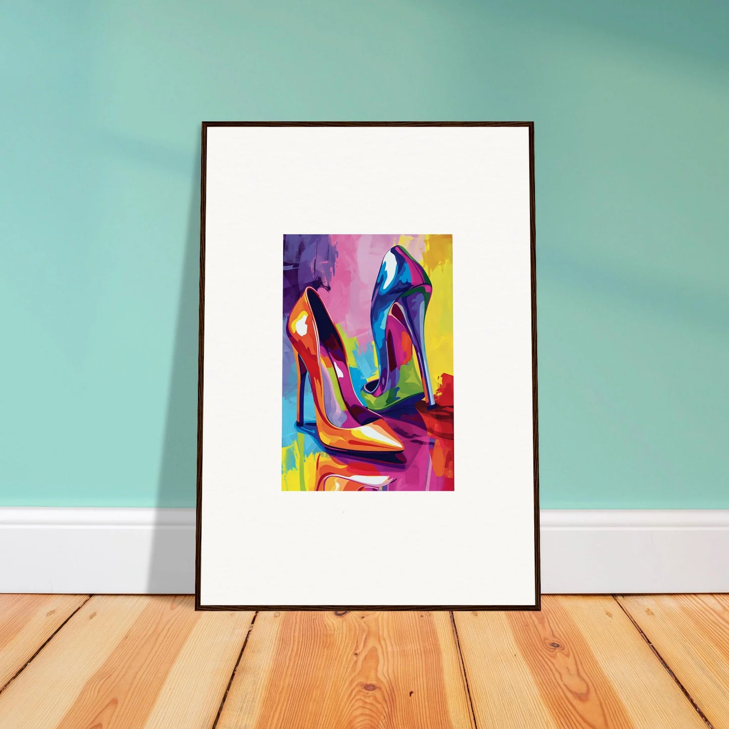 Framed Technicolor Ascânda canvas print of vibrant high-heeled shoes for stylish room decoration