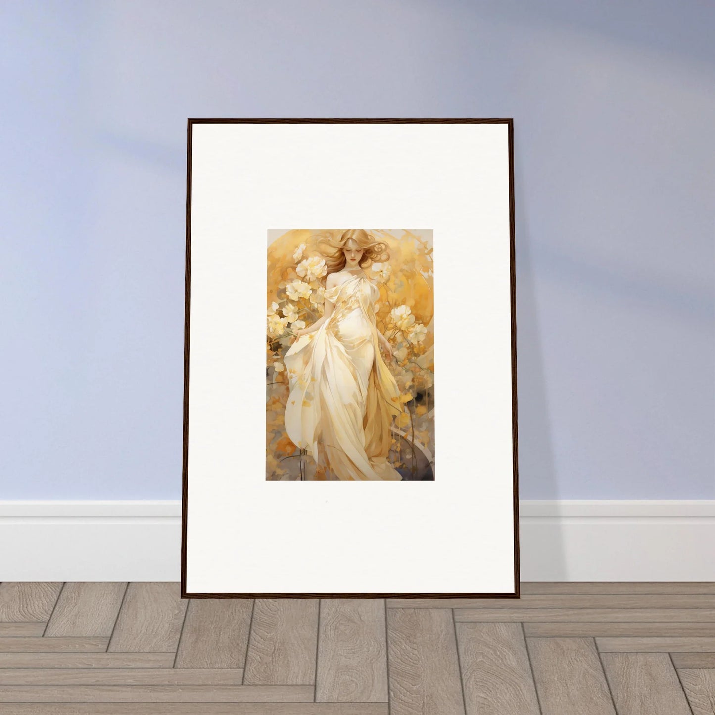 Framed canvas print of a dreamy female figure in a silk dress for stunning room decoration