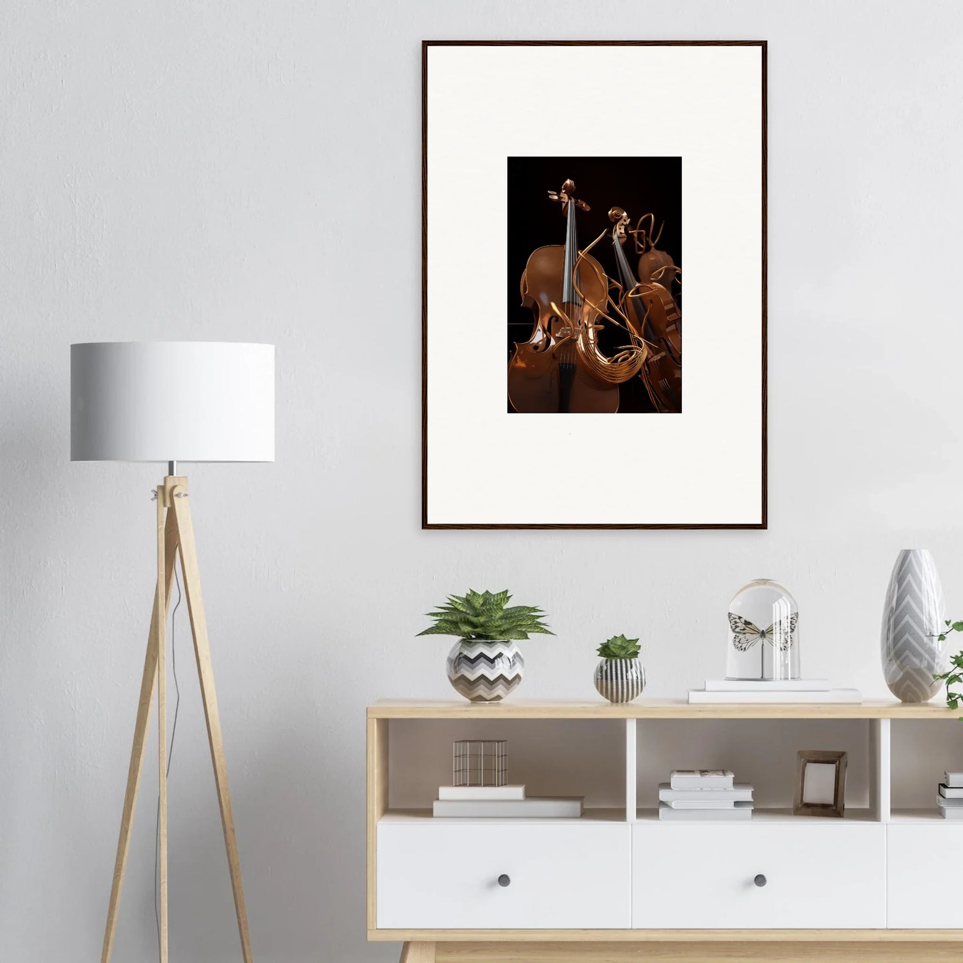 Framed canvas print of cello, French horn, and violin for stylish strings opera room decoration