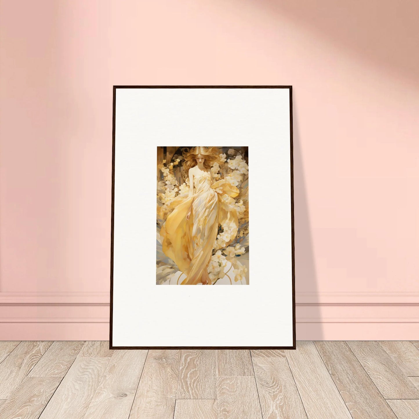 Framed canvas print of ethereal female figure in golden hues for room decoration, Petal Serenade