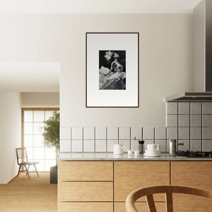 Modern kitchen with wooden cabinets and a visionary reverie canvas print on the wall