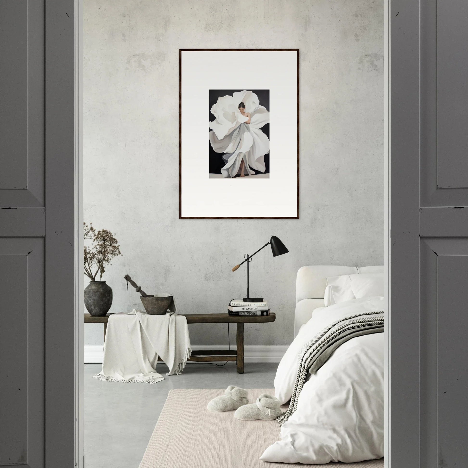 Framed black and white photo of a figure in a flowing dress, perfect for petal whispers room decoration