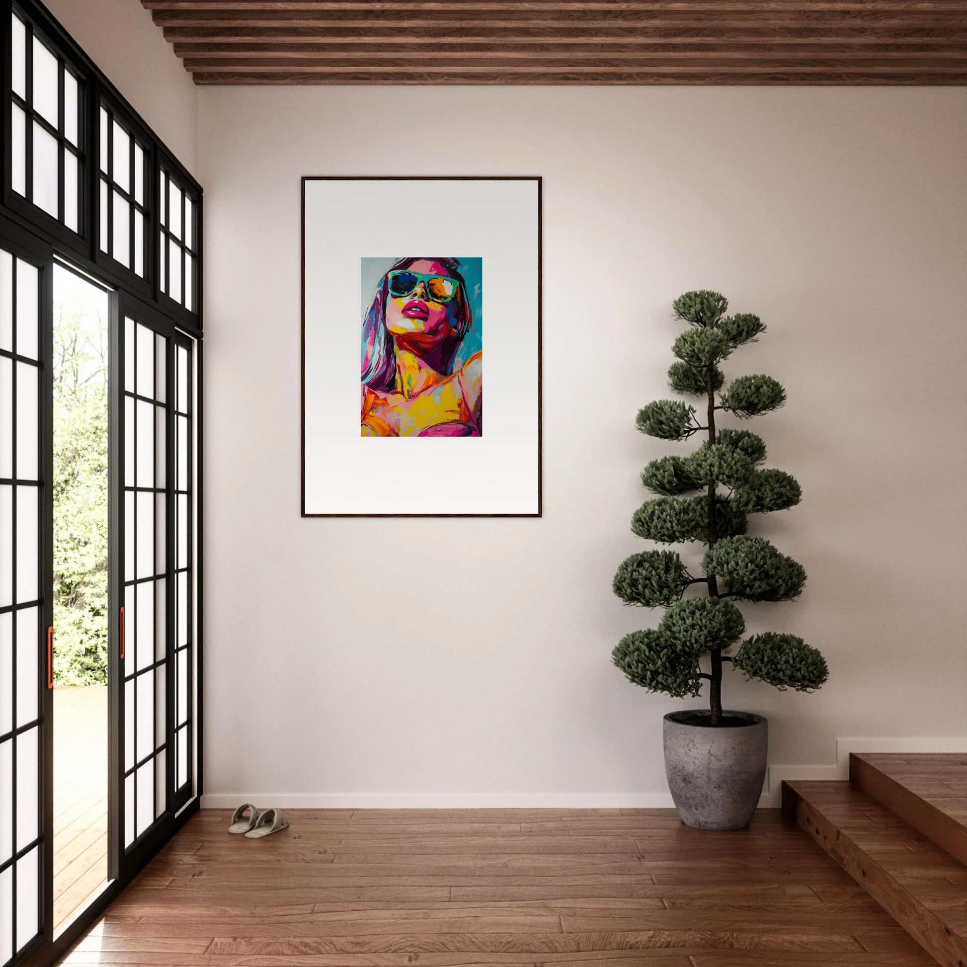 Vibrant canvas print of a person in sunglasses, perfect for room decoration and a glance whisper