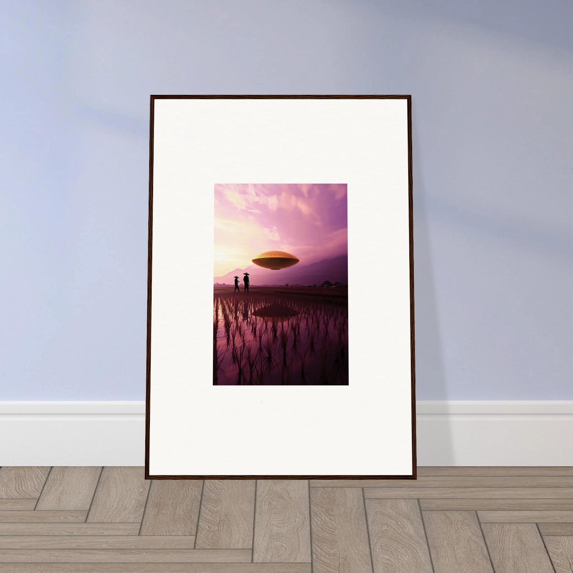 Framed canvas print of violet dreaming with a UFO over a misty sunset landscape