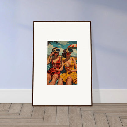 Framed canvas print of two women in colorful swimwear enjoying morning sunshine