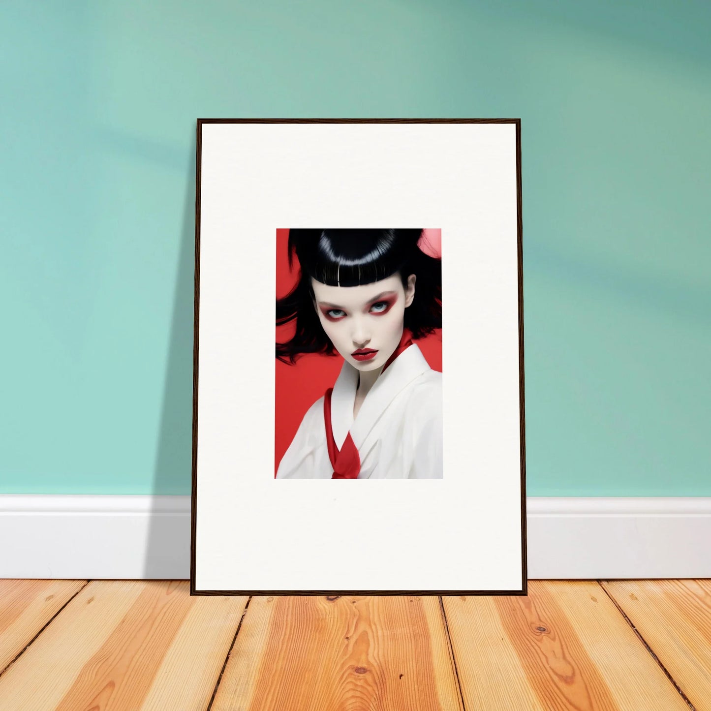 Framed canvas print of a person with geisha-inspired makeup, perfect for cherry dream room decoration