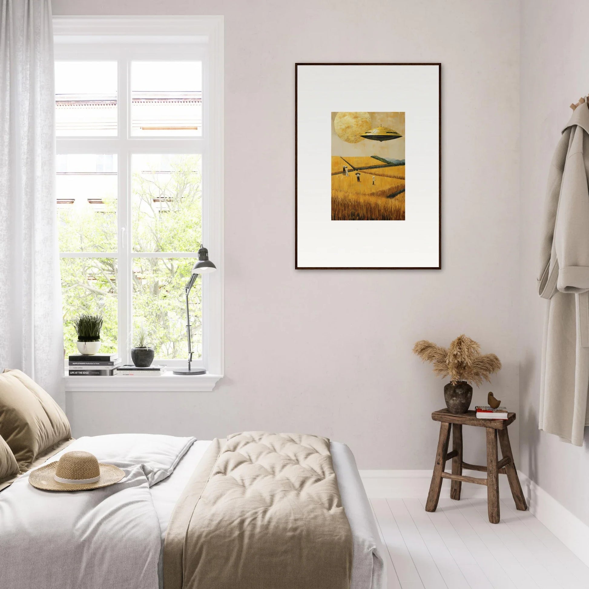 Cozy bedroom with light decor and a canvas print of Melancholy Field for room decoration