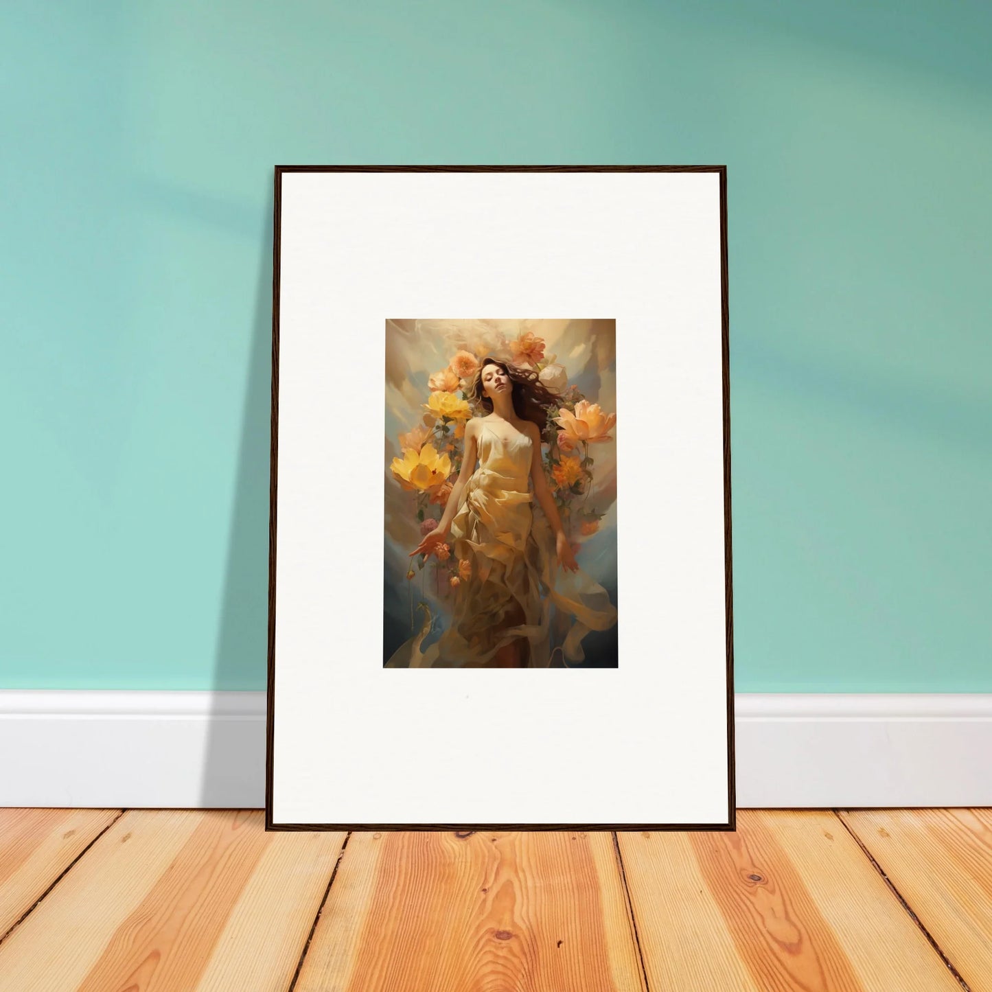 Framed canvas print of a woman in autumn foliage for Blossom Odyssey room decoration