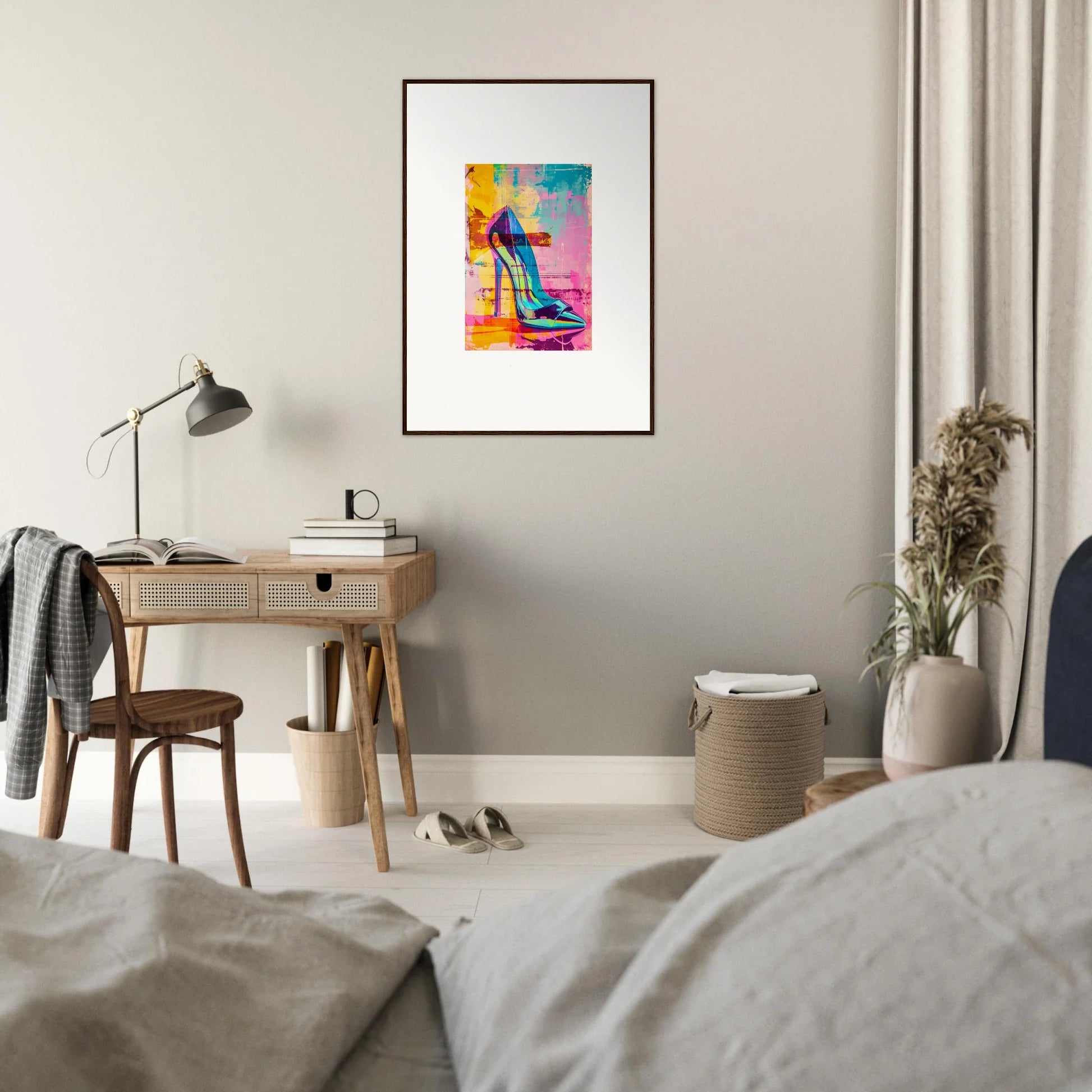 Colorful abstract wall art featuring a high-heeled shoe silhouette for noir reverie room decor